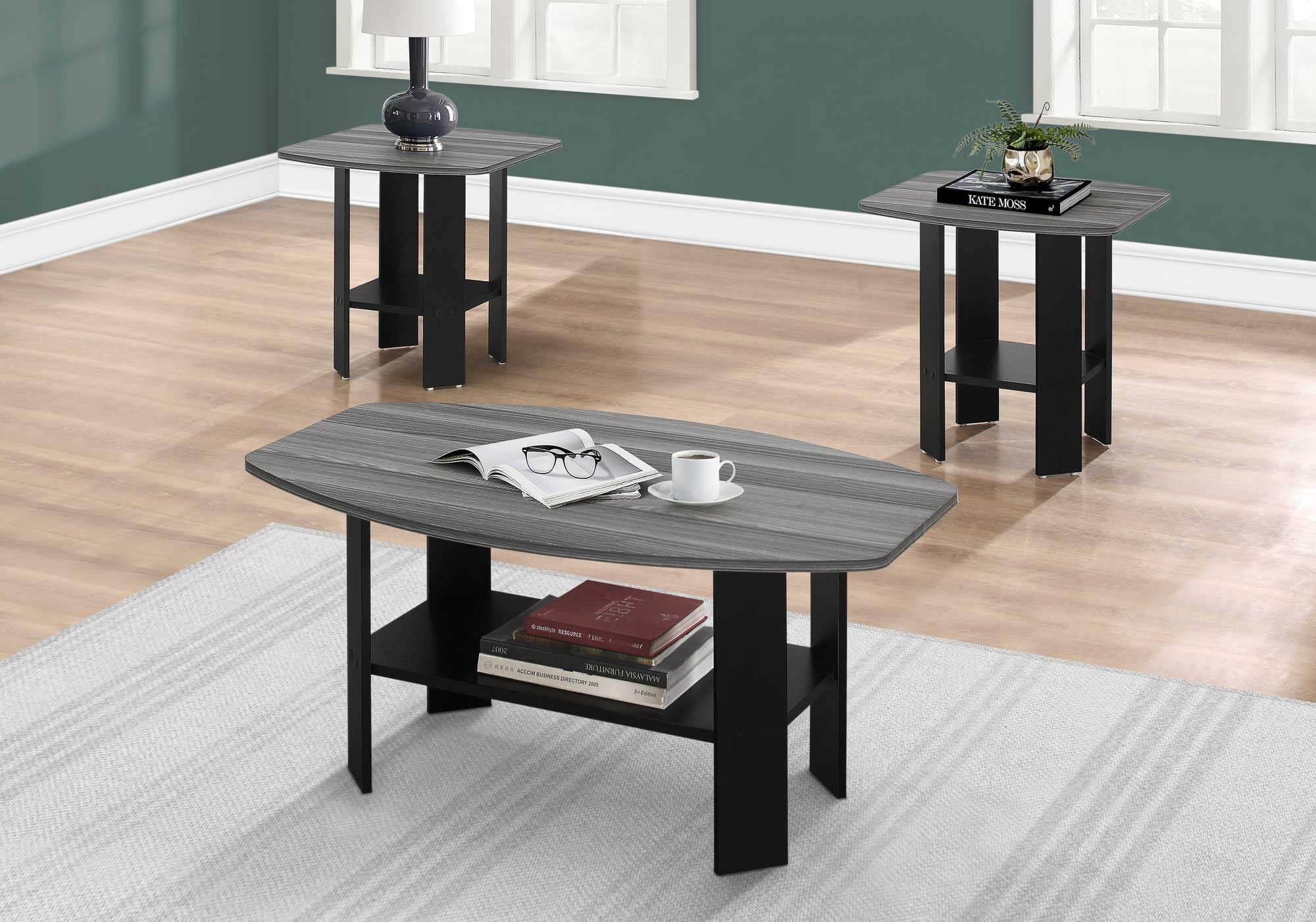 ENSEMBLE DE TABLE - ENSEMBLE DE 3 PIÈCES / NOIR / PLATEAU GRIS # I 7928P