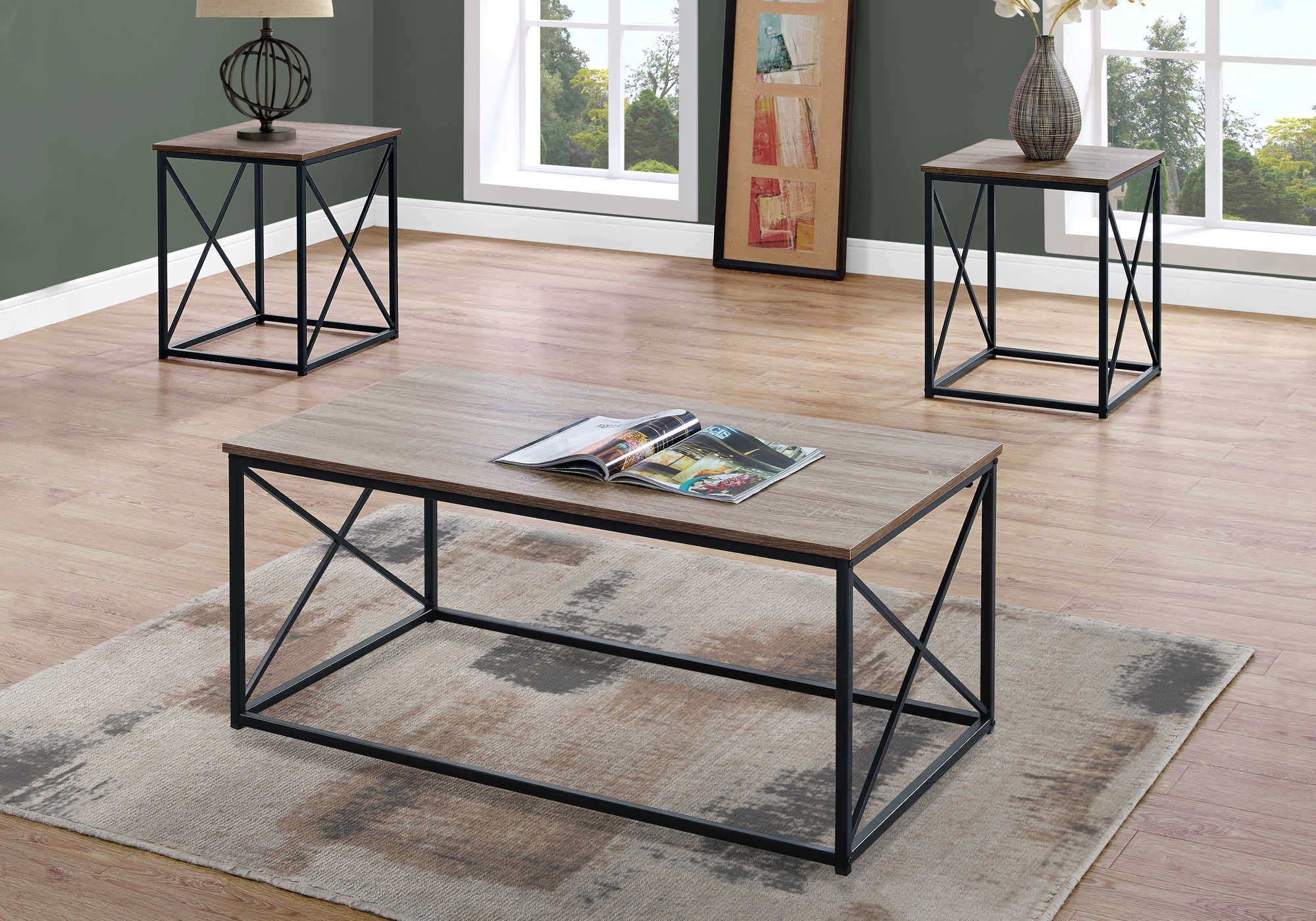 ENSEMBLE DE TABLE - ENSEMBLE DE 3 PIÈCES / TAUPE FONCÉ / MÉTAL NOIR # I 7950P