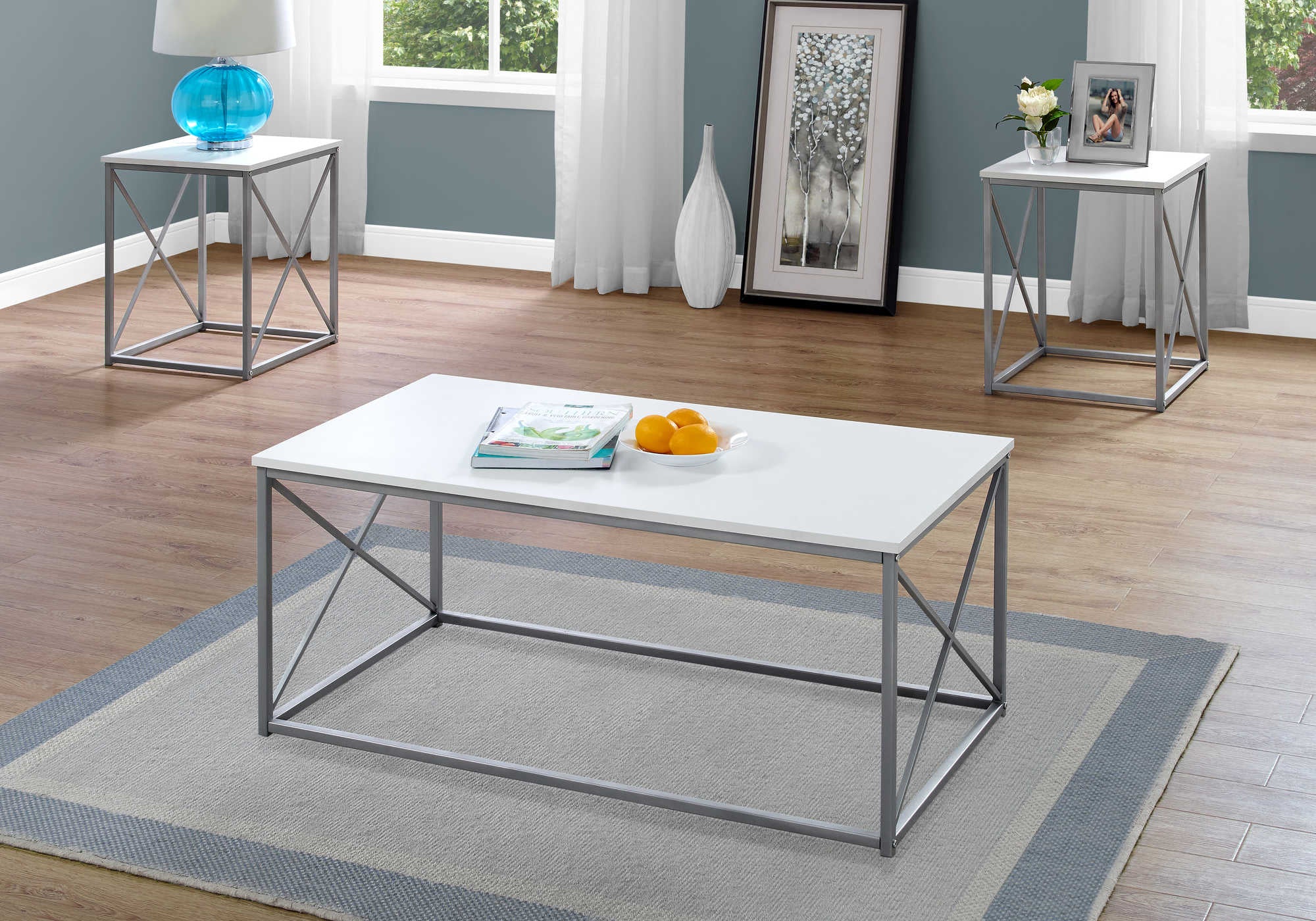ENSEMBLE DE TABLE - ENSEMBLE DE 3 PIÈCES / BLANC / MÉTAL ARGENT # I 7951P
