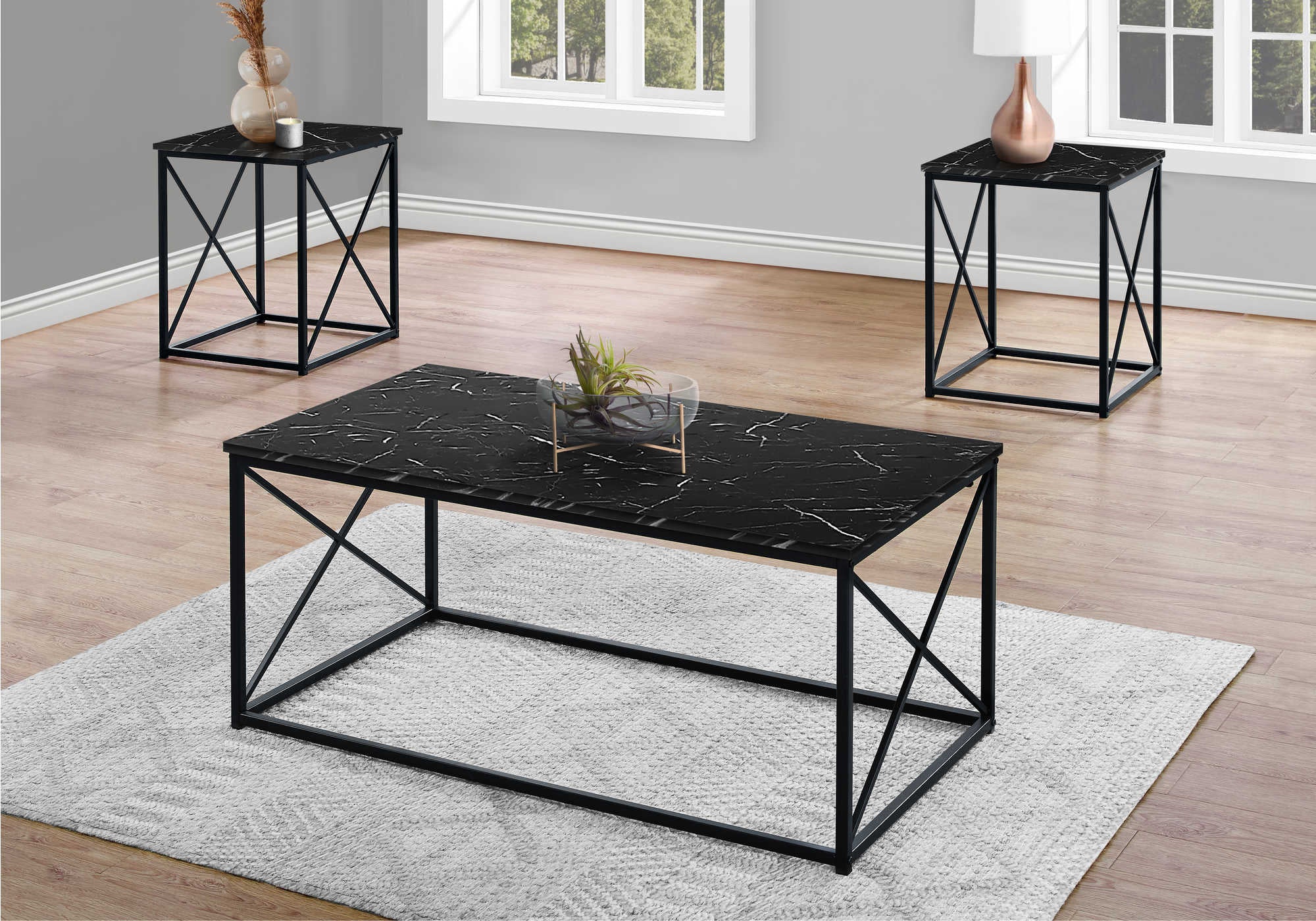 TABLE SET - 3PCS SET / BLACK MARBLE / BLACK METAL # I 7954P