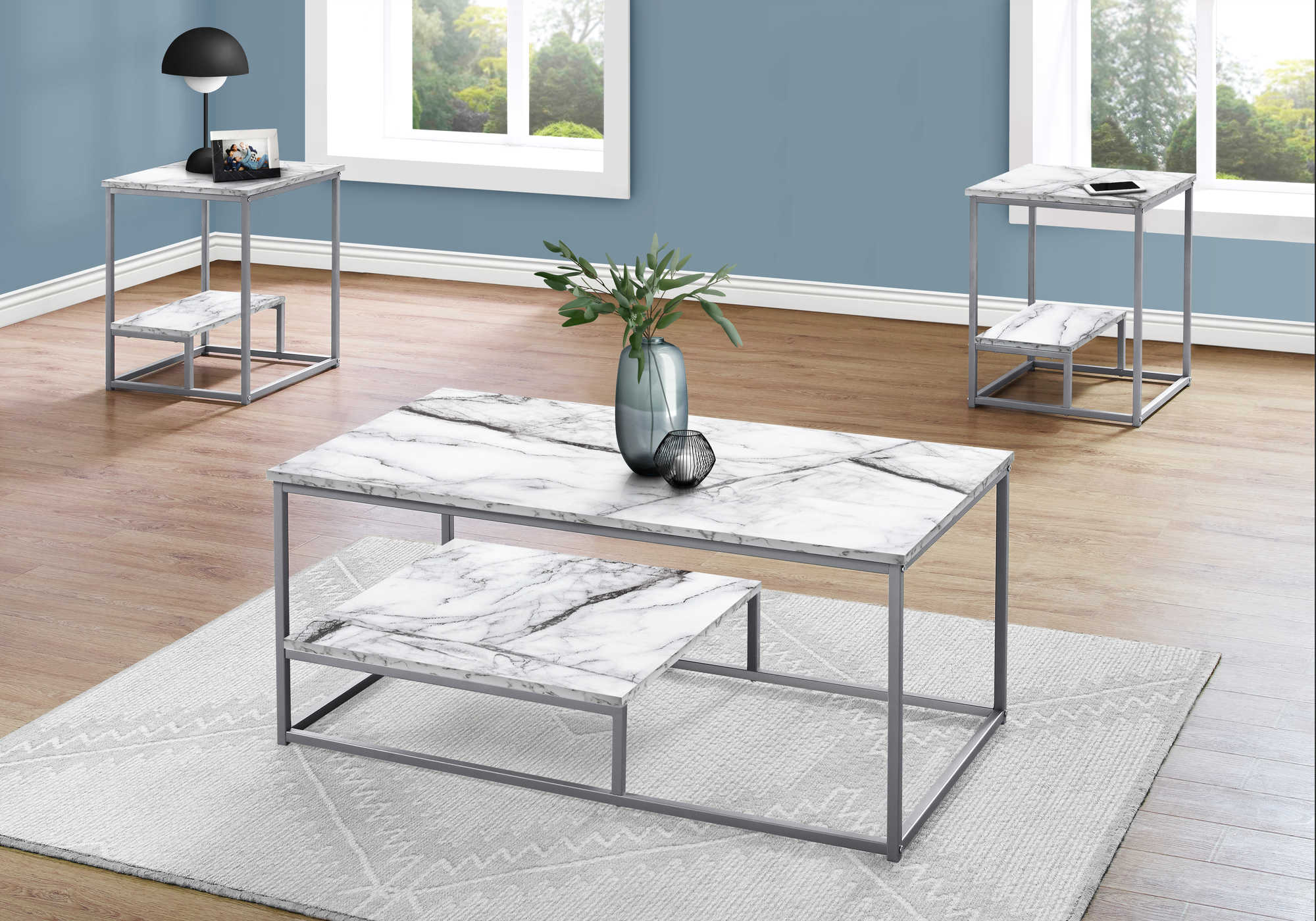 TABLE SET - 3PCS SET / WHITE MARBLE / SILVER METAL # I 7963P