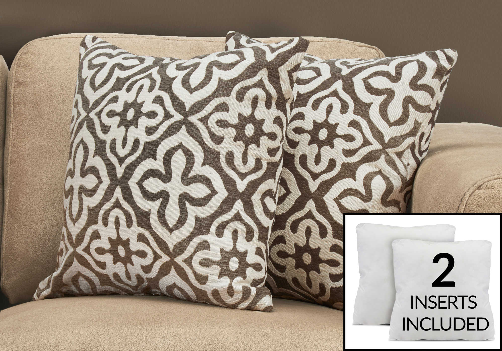 PILLOW - 18"X 18" / DARK TAUPE MOTIF DESIGN / 2PCS # I 9217
