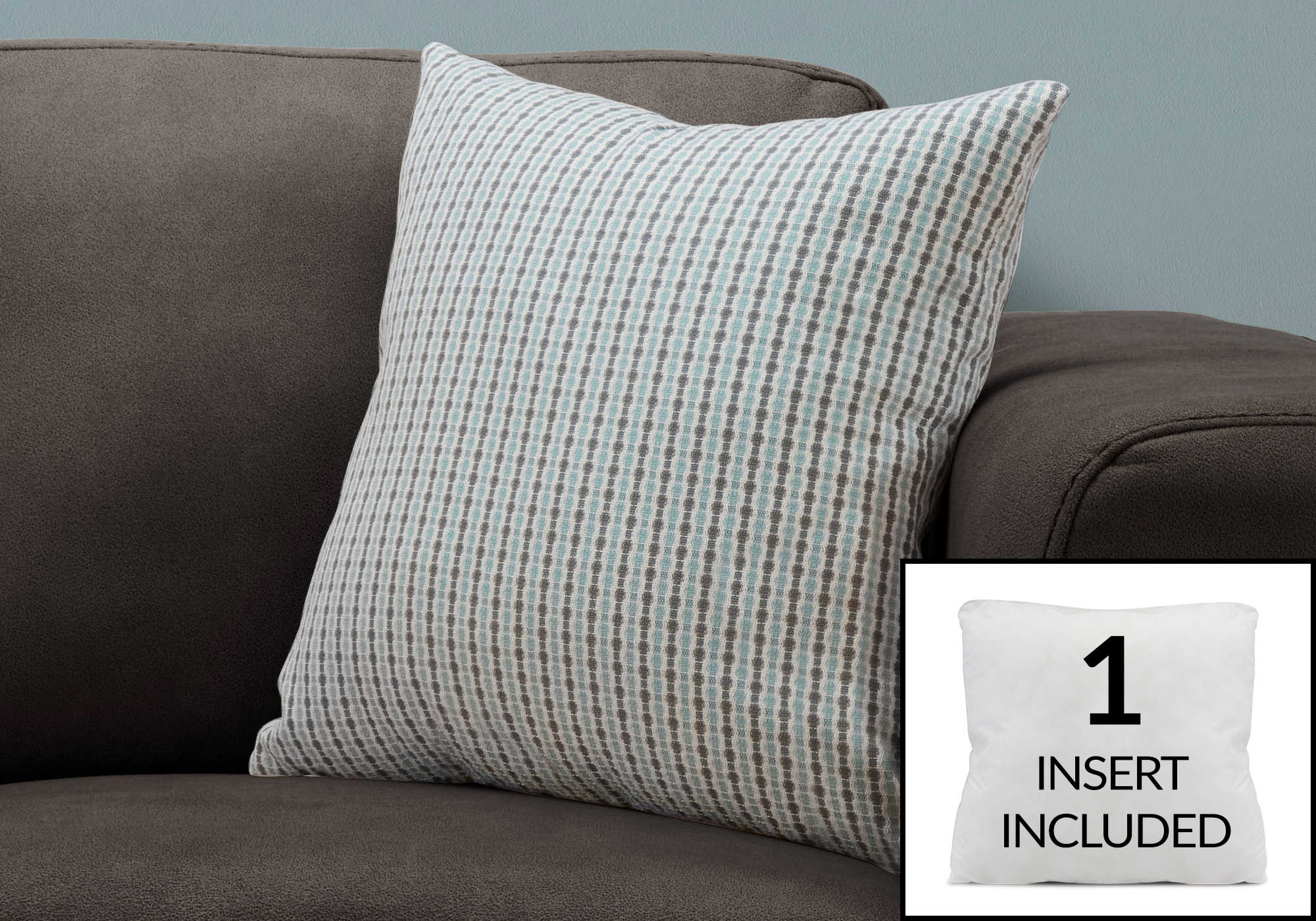 COUSSIN – 45,7 cm x 45,7 cm / BLEU CLAIR / MOTIFS ABSTRAITS GRIS / 1 PIÈCE # I 9230