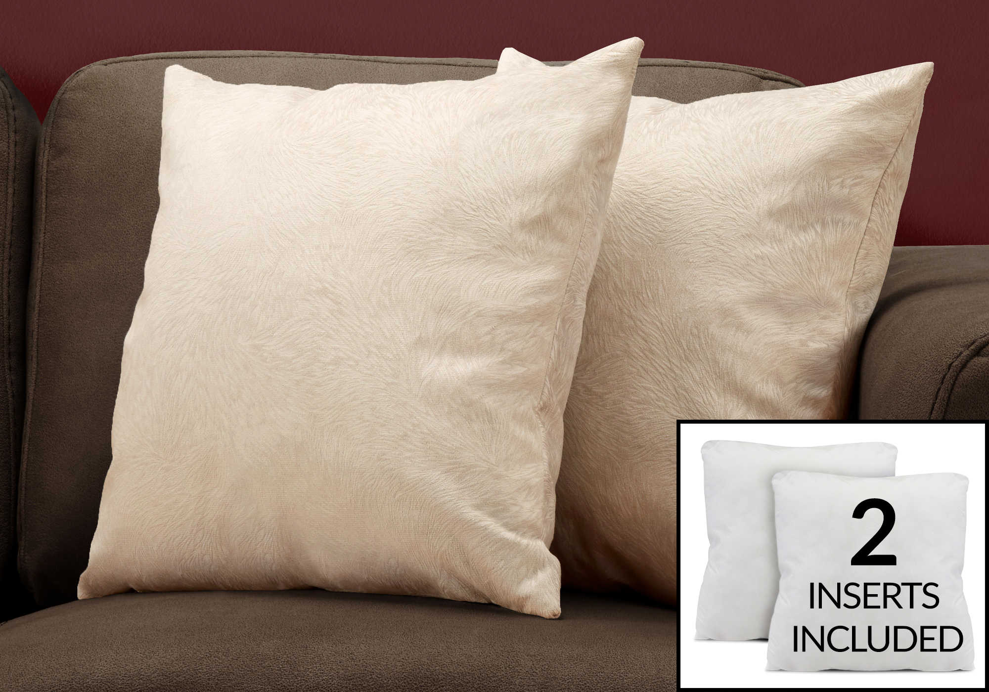 PILLOW - 18"X 18" / LIGHT TAUPE FEATHERED VELVET / 2PCS # I 9319