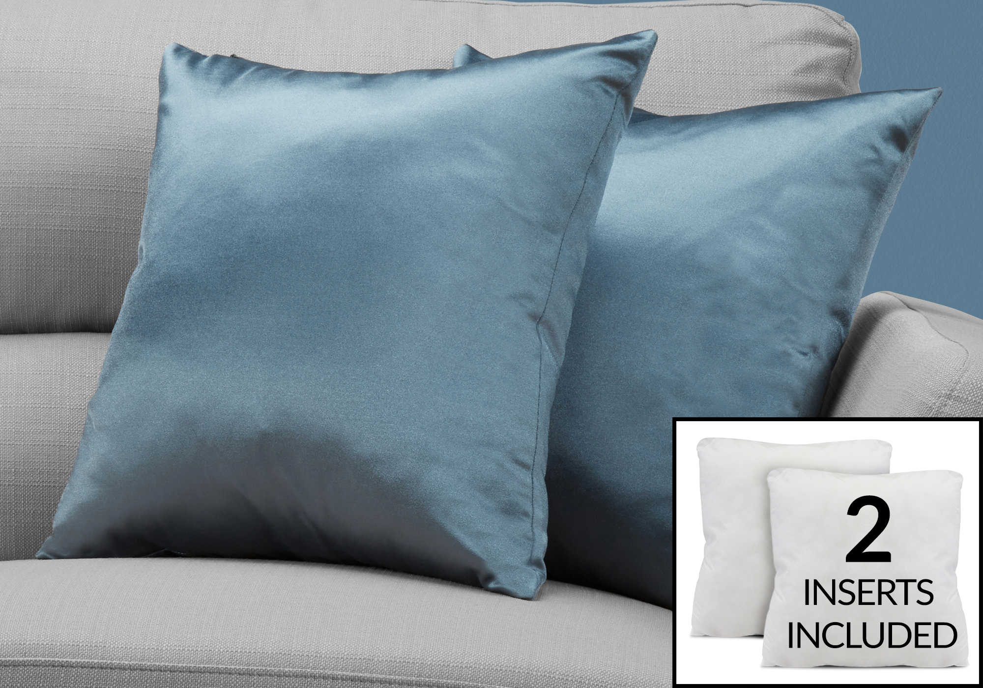 Ensemble 2 coussins décoratifs satin bleu pâle 18 po hypoallergéniques lavables – Bonito Montréal