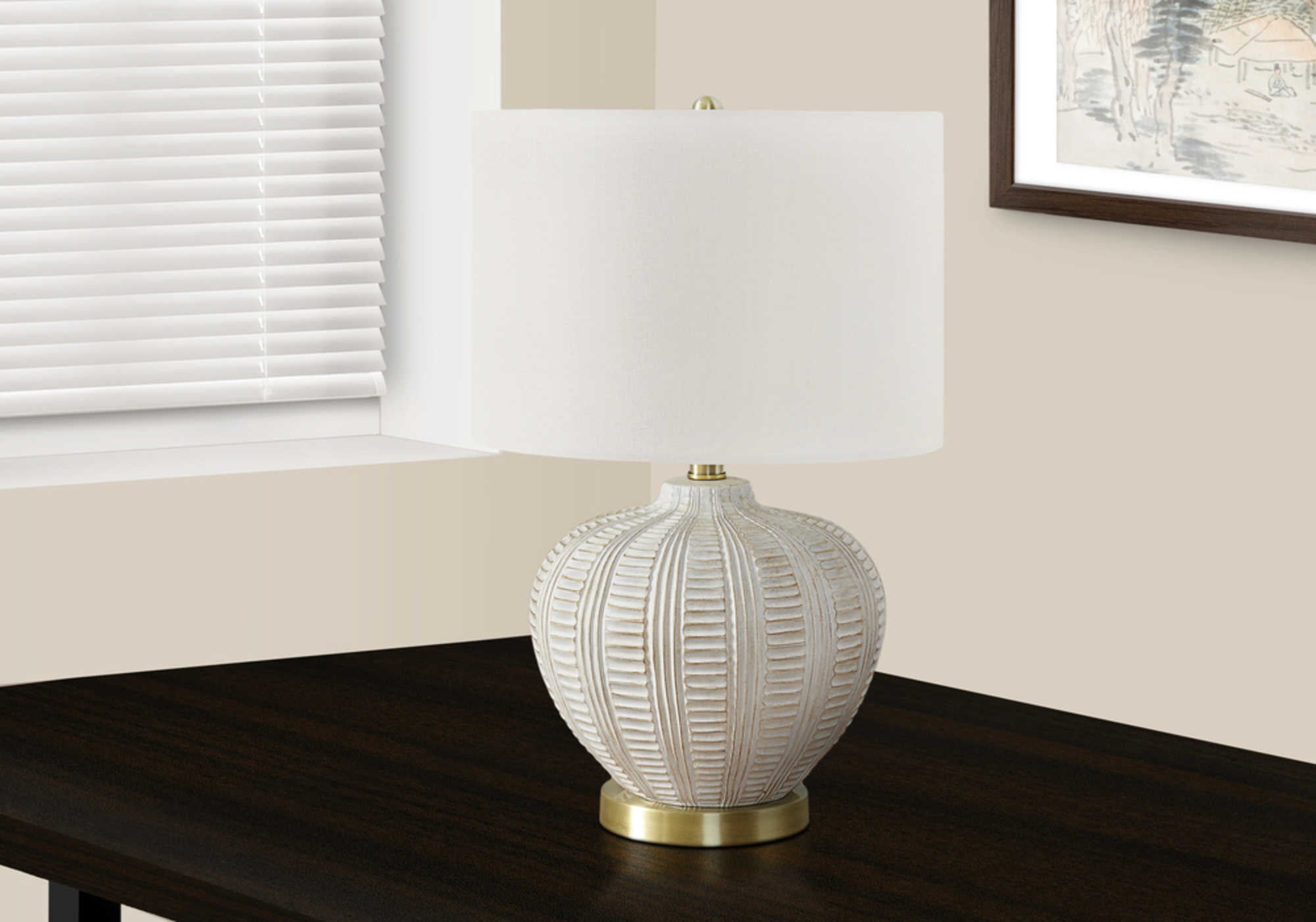 LIGHTING - 21"H TABLE LAMP CREAM RESIN / IVORY SHADE # I 9617