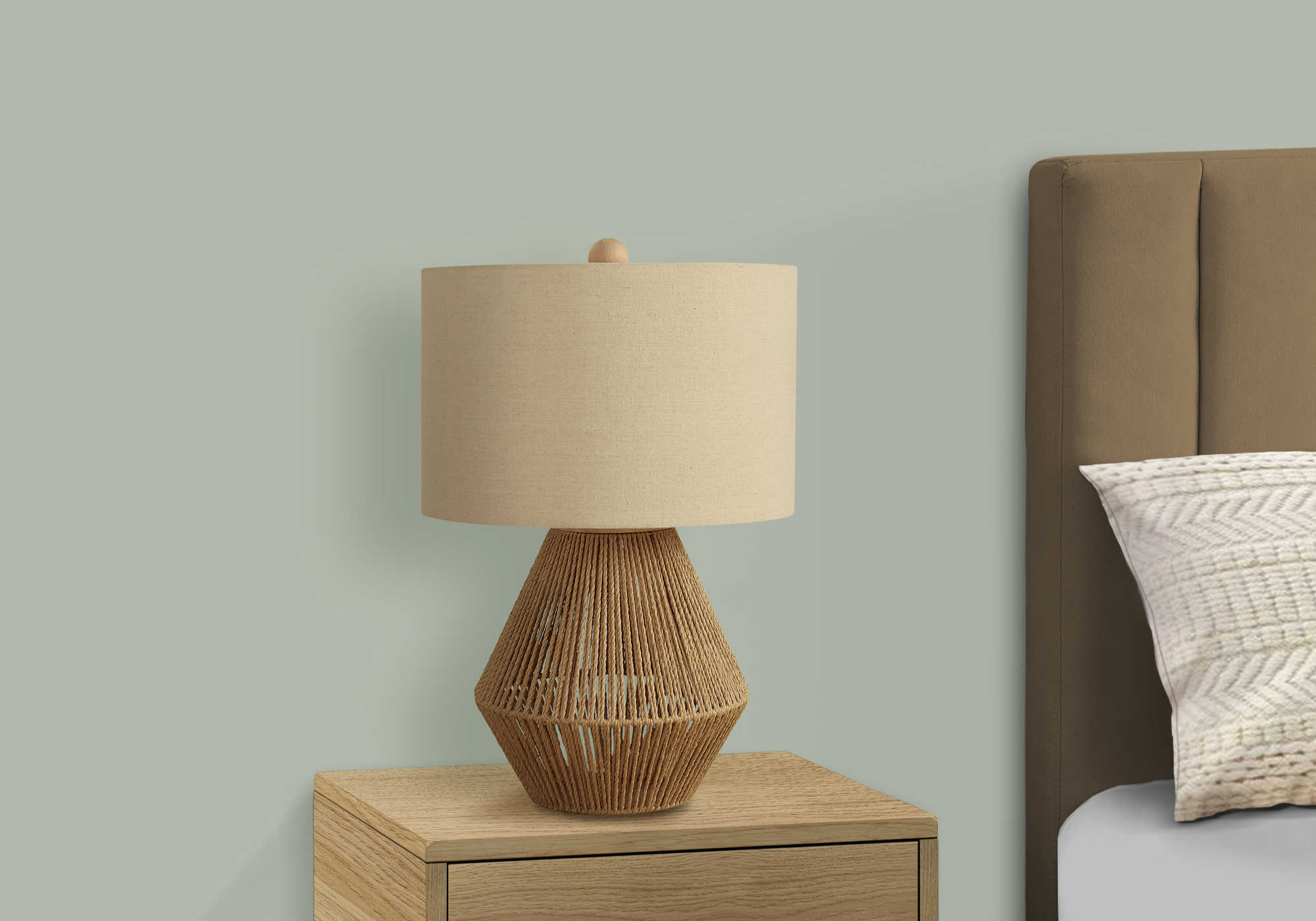 ÉCLAIRAGE – LAMPE DE TABLE 56 CM DE H, CORDE MARRON / ABAT-JOUR BEIGE # I 9628