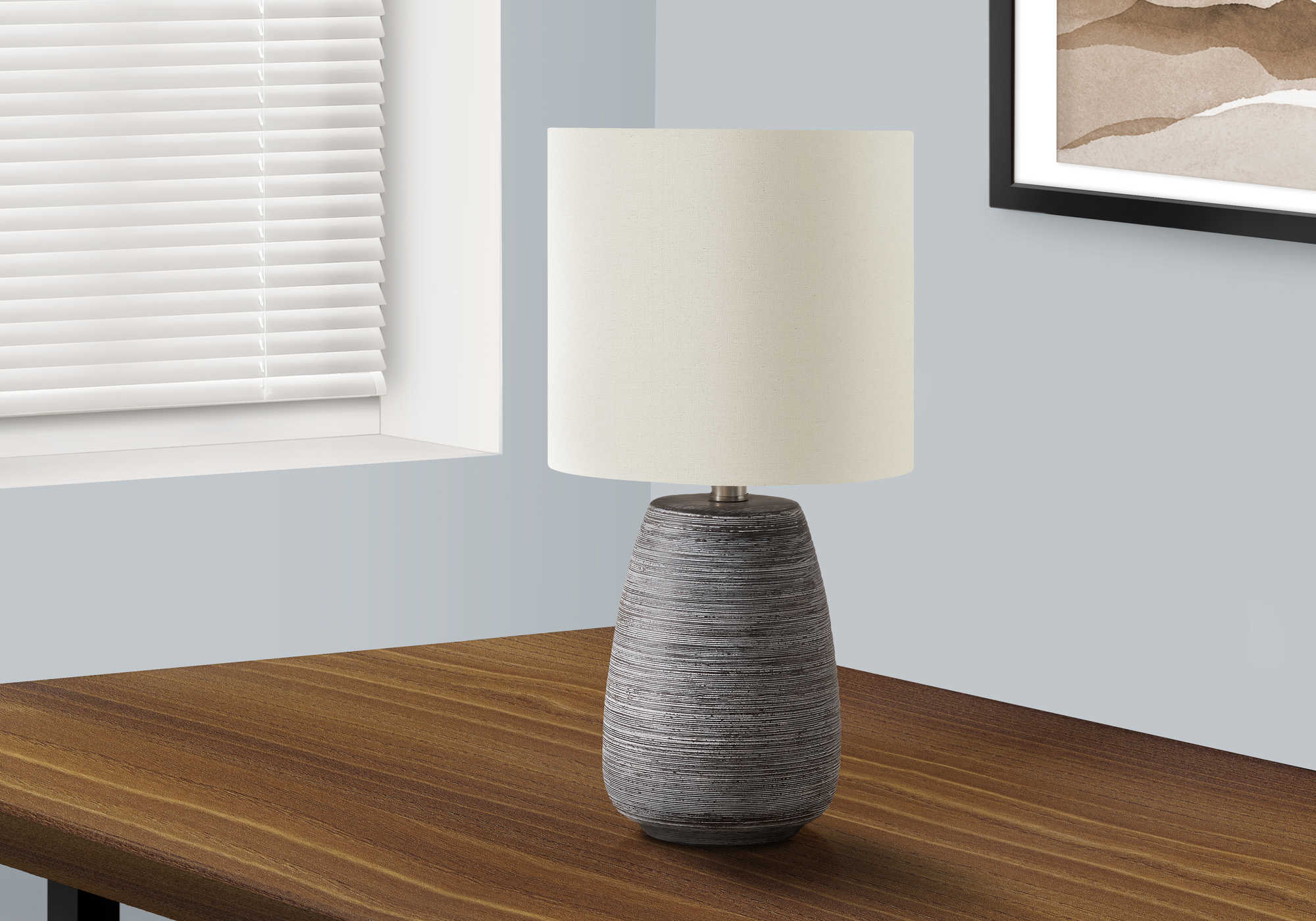 LUMINAIRES – LAMPE DE TABLE 48 CM (19 po) DE H, CÉRAMIQUE GRISE / ABAT-JOUR IVOIRE N° I 9633