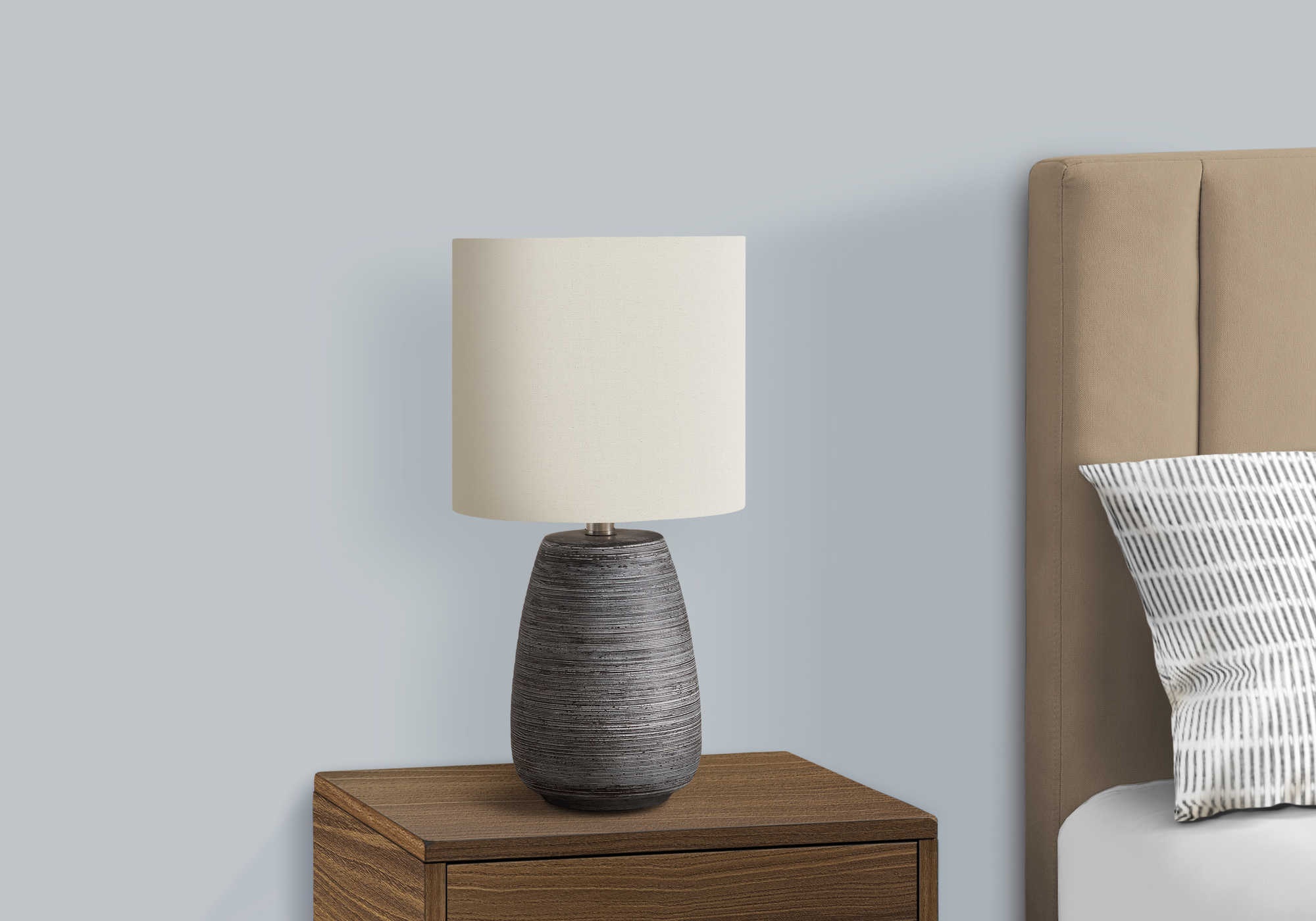 LIGHTING – 19"H TABLE LAMP GREY CERAMIC / IVORY SHADE # I 9633