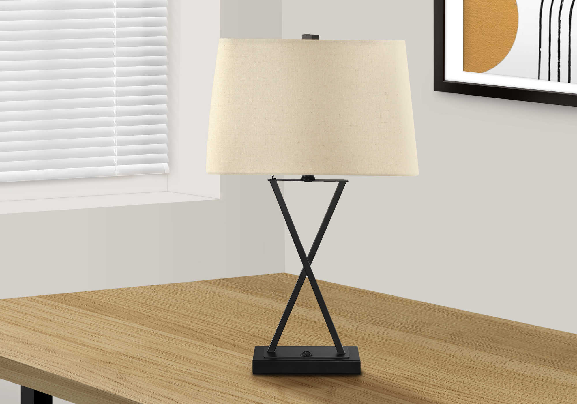LAMPE DE TABLE 25" H MÉTAL NOIR/ABAT-JOUR BEIGE/USB # I 9638