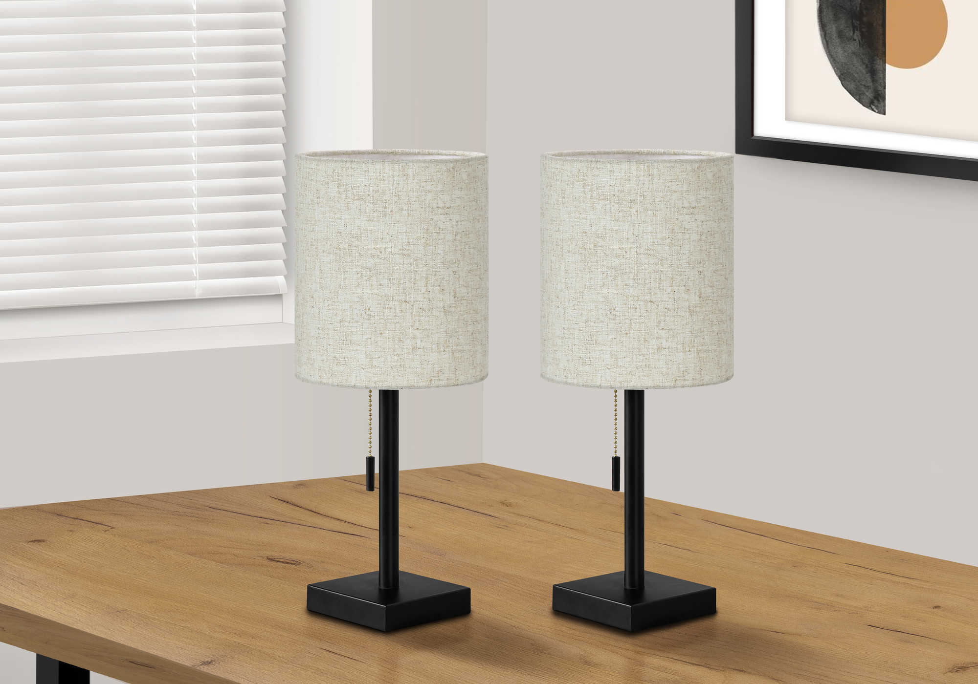 LIGHTING - 2PCS / 17"H TABLE LAMP BLACK METAL/ BEIGE /USB # I 9650
