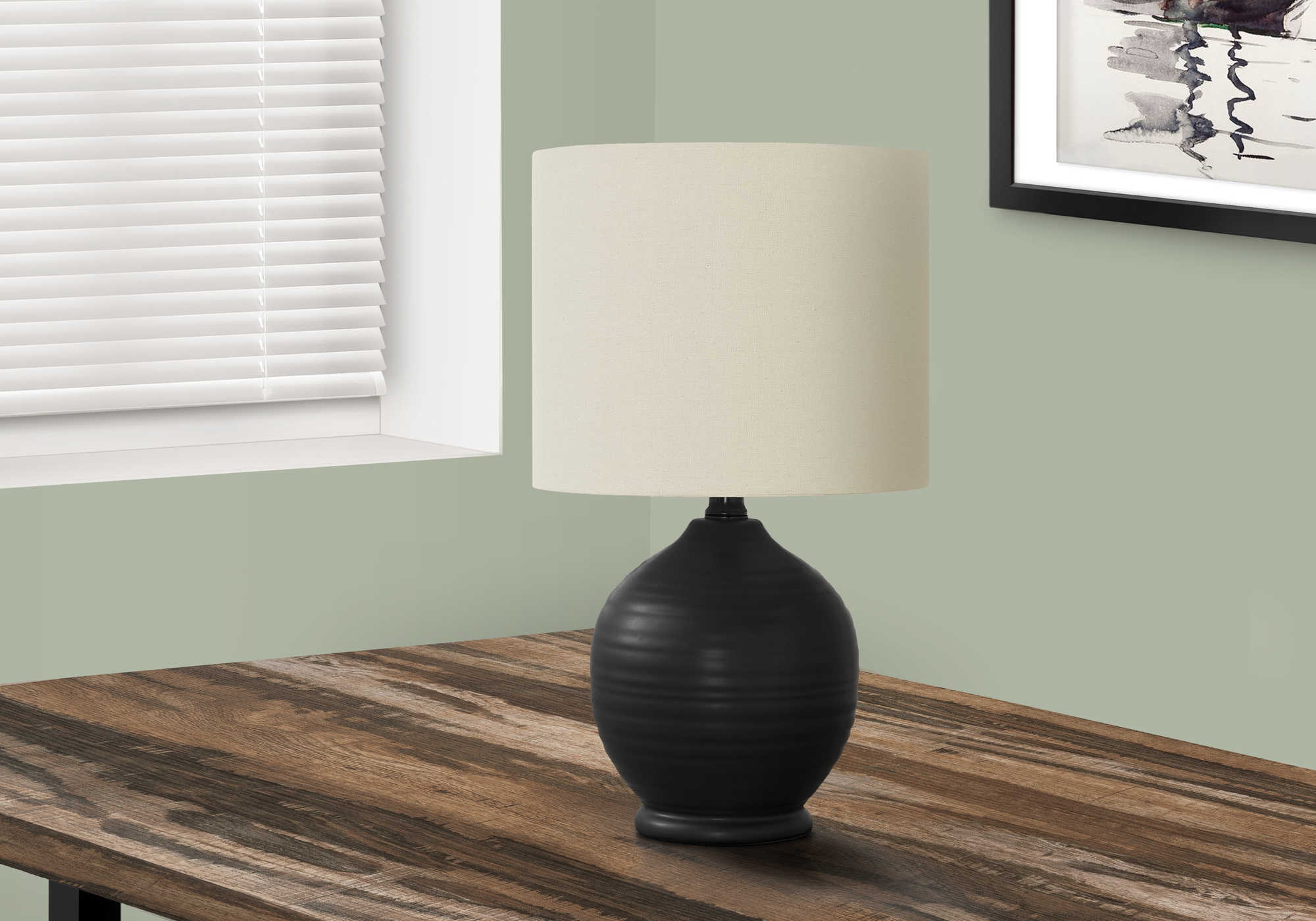 LIGHTING - 17"H TABLE LAMP BLACK CERAMIC / IVORY SHADE # I 9739