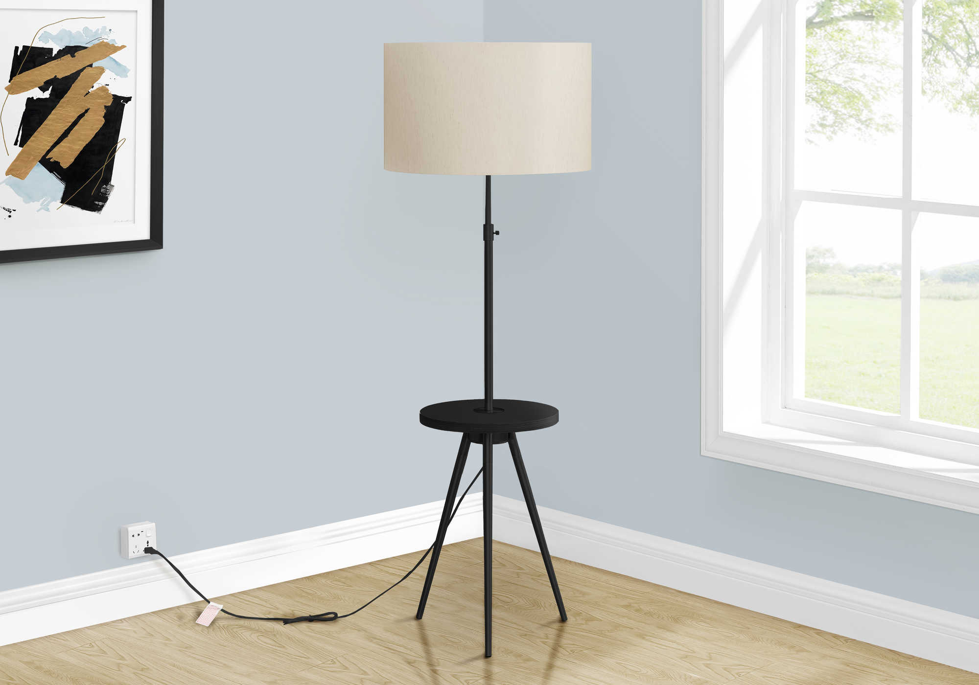 Lampadaire trépied noir métal 66 po avec tablette stratifié et abat-jour lin ivoire, style moderne Montréal