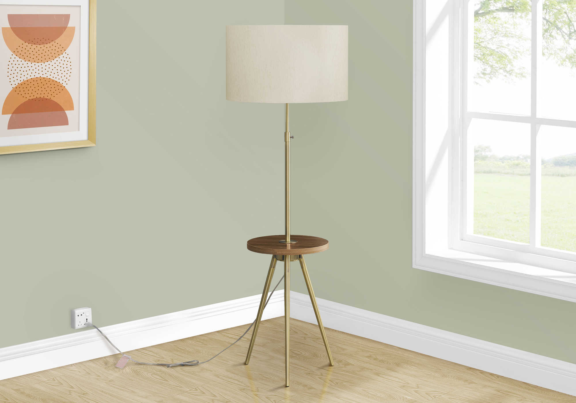 Lampe de plancher trépied dorée 66 po abat-jour lin ivoire tablette noyer intégrée salon Montréal