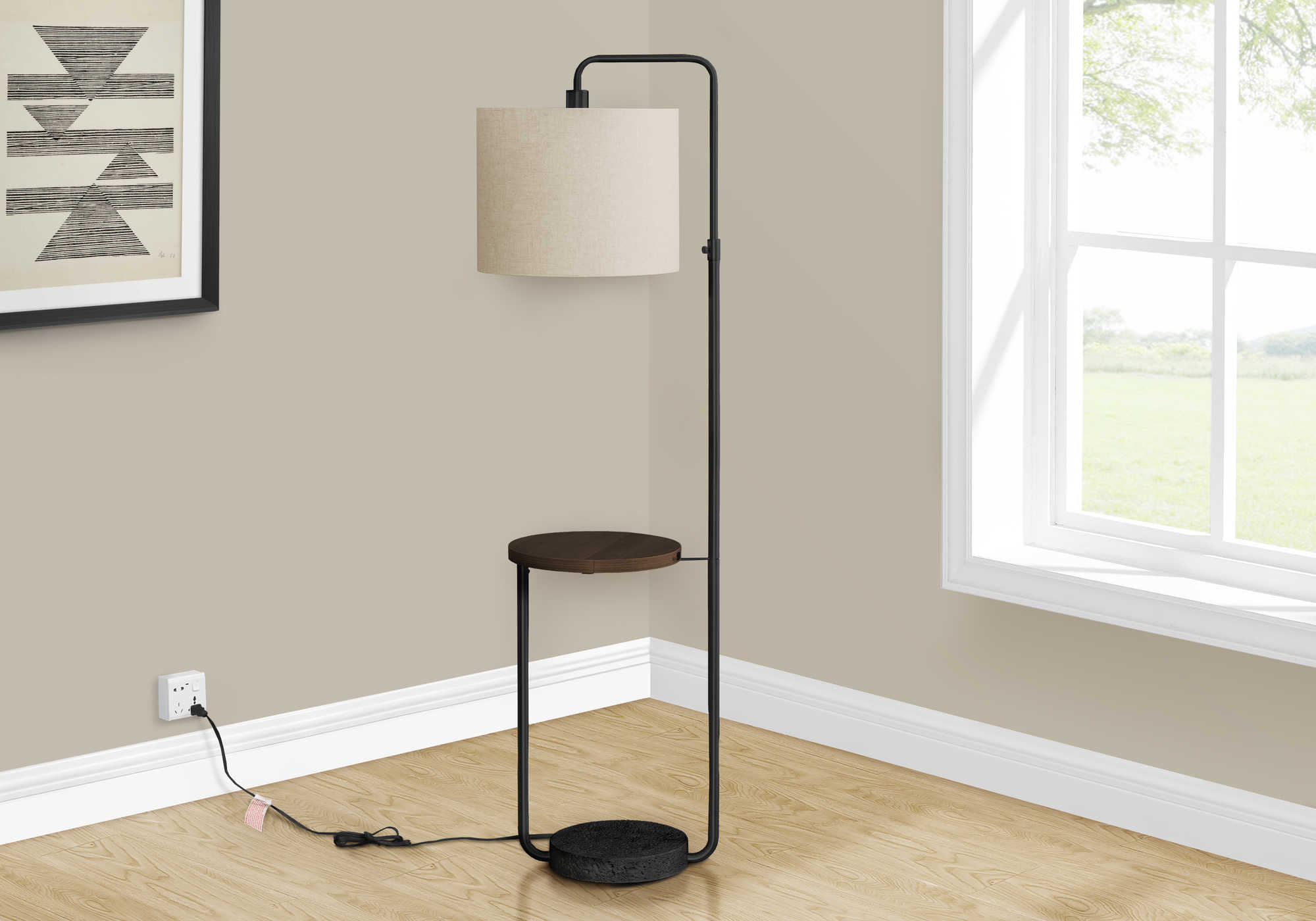 Lampadaire sur pied noir métal 67 po avec tablette brun foncé et port USB, abat-jour lin ivoire – Montréal