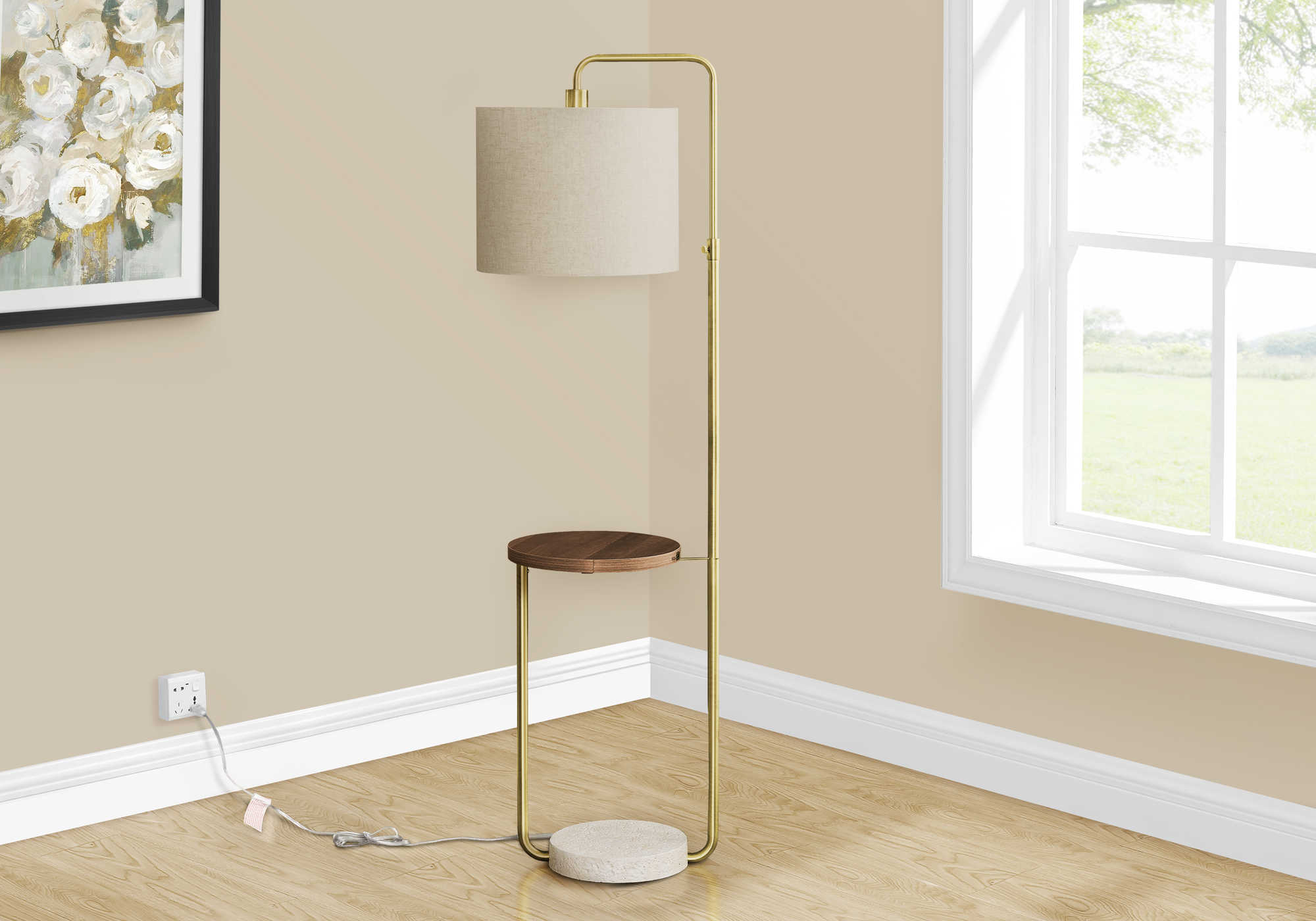 Lampadaire sur pied laiton 67 po bras ajustable port USB tablette noyer abat-jour lin beige – Bonito Montréal
