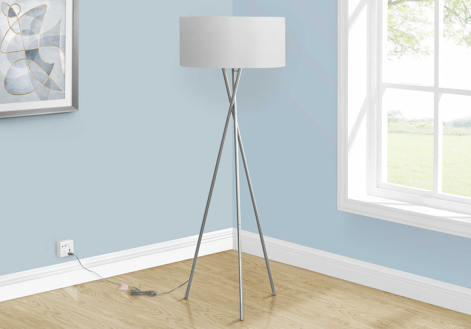 ÉCLAIRAGE - LAMPADAIRE TRÉPIED 62"H MÉTAL NICKEL / GRIS # I 9757