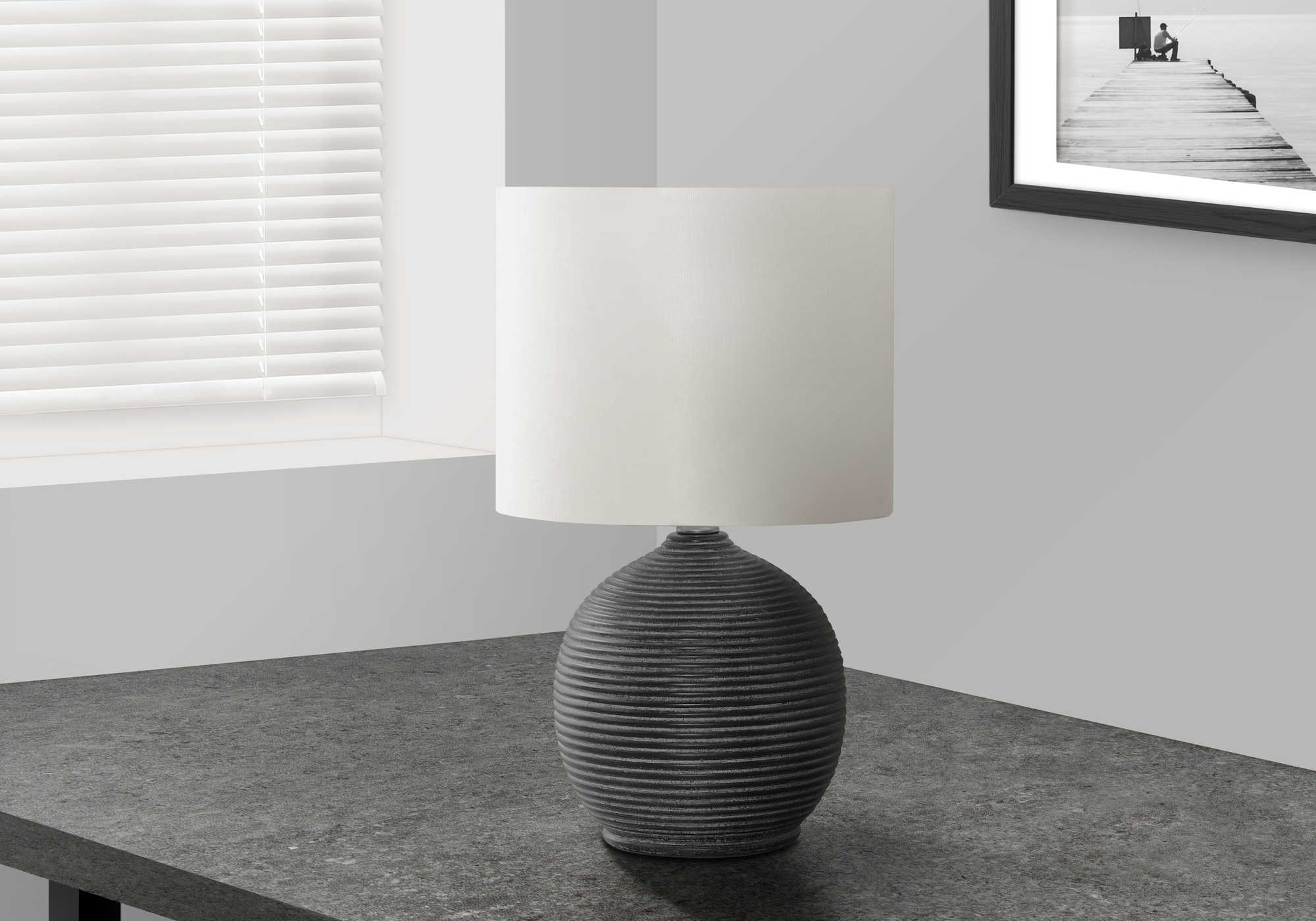 LIGHTING - 16"H TABLE LAMP BLACK RESIN / IVORY SHADE # I 9764
