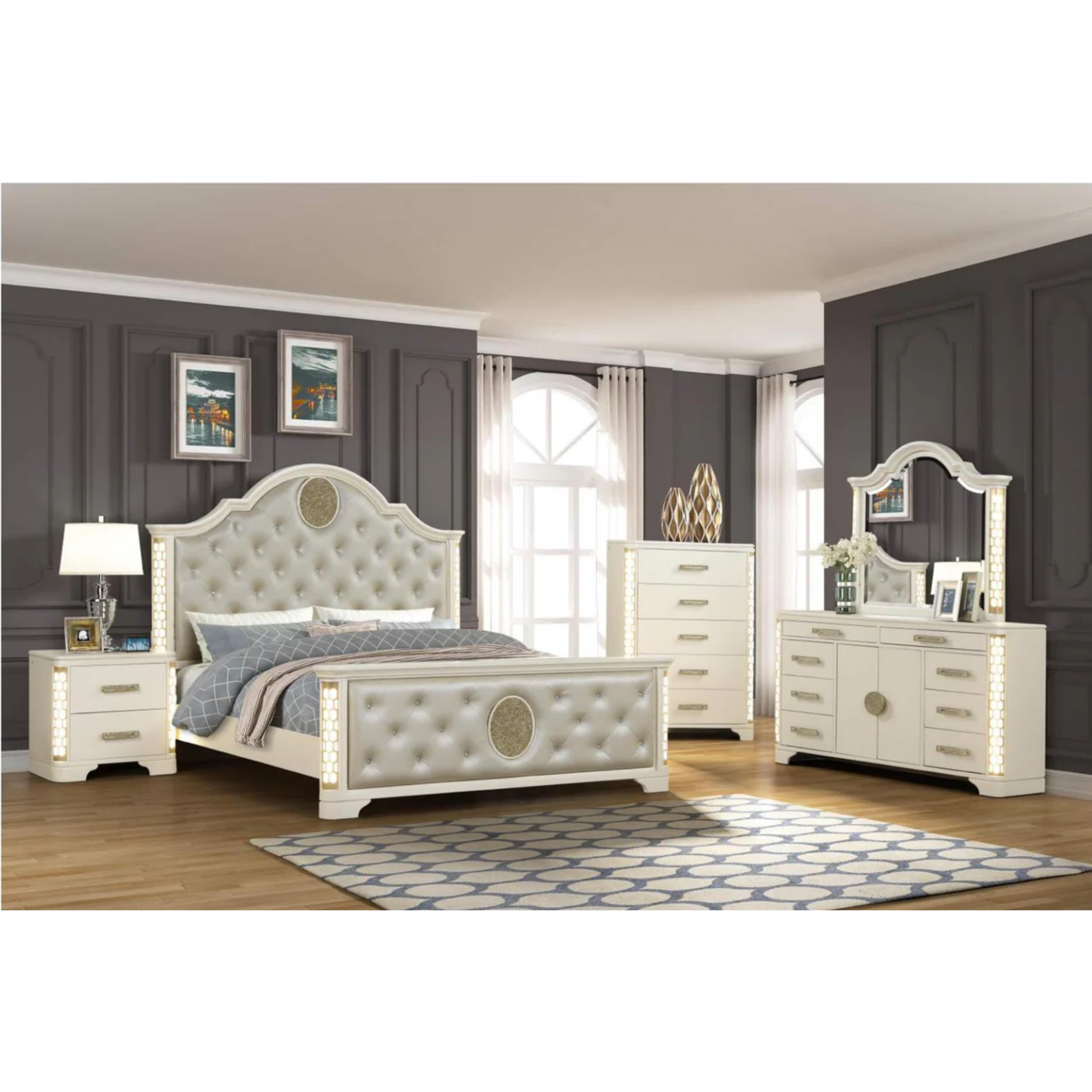 King Bedroom Set – Jasmine White Pearl