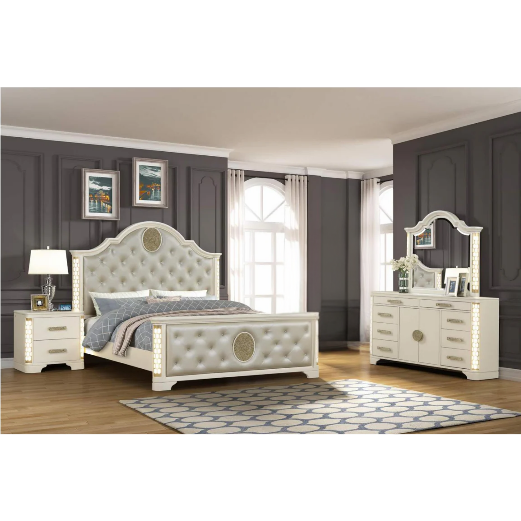 King Bedroom Set – Jasmine White Pearl