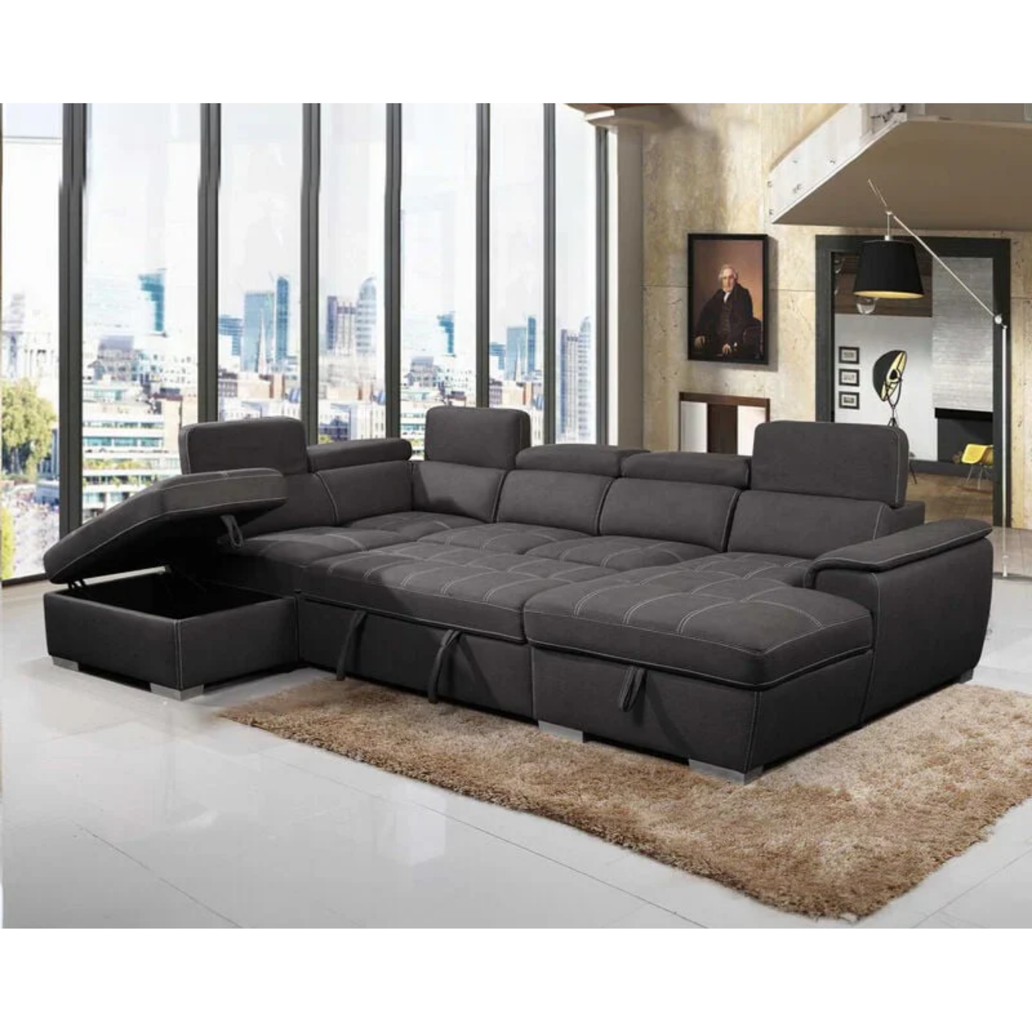 Kuzi - Modern Fabric Sofa Bed Sectional With Adjustable Headrests & Storage Chaise