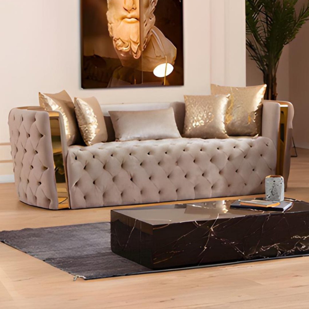 Lemos – Ensemble de canapés en velours – Taupe – Détails dorés