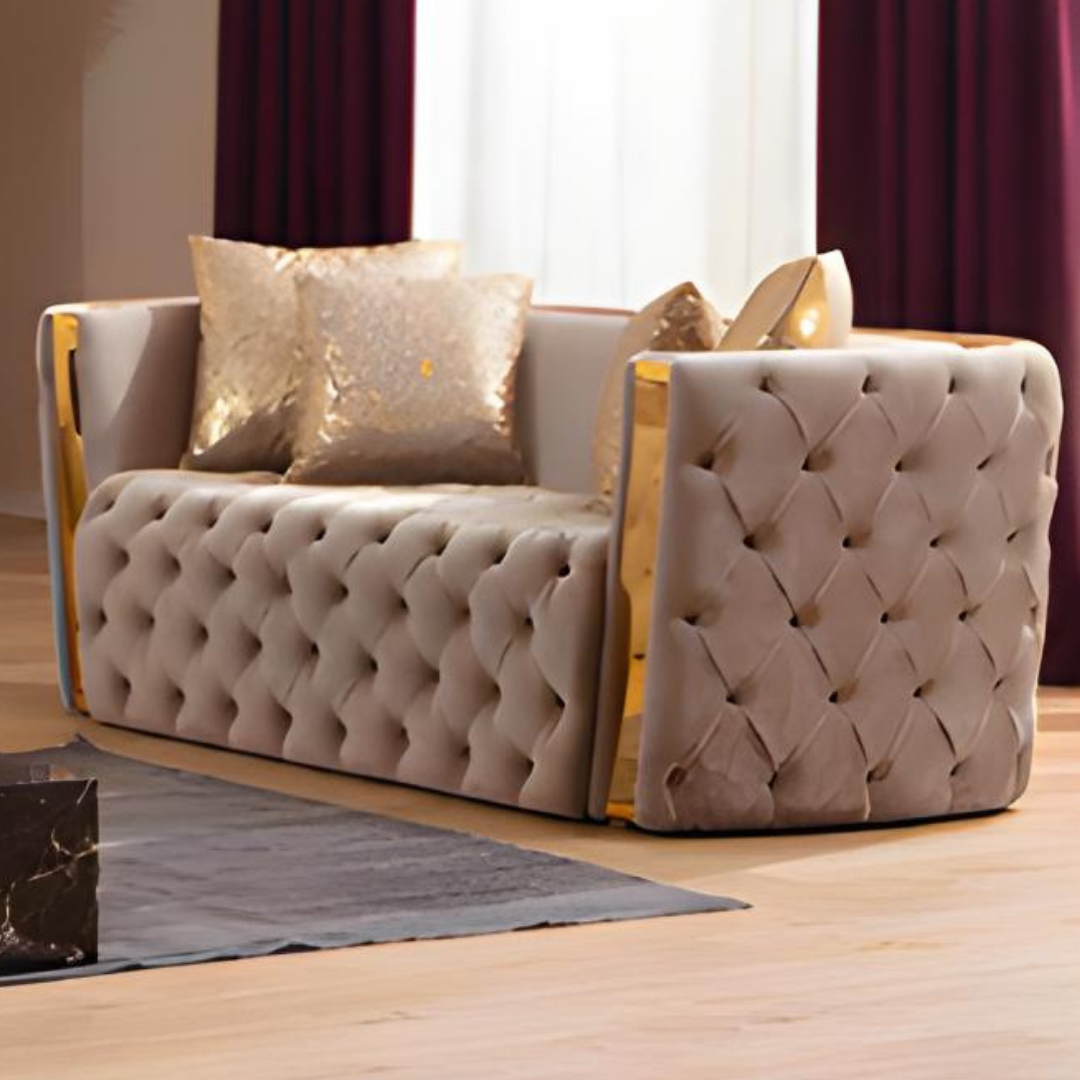 Lemos – Ensemble de canapés en velours – Taupe – Détails dorés