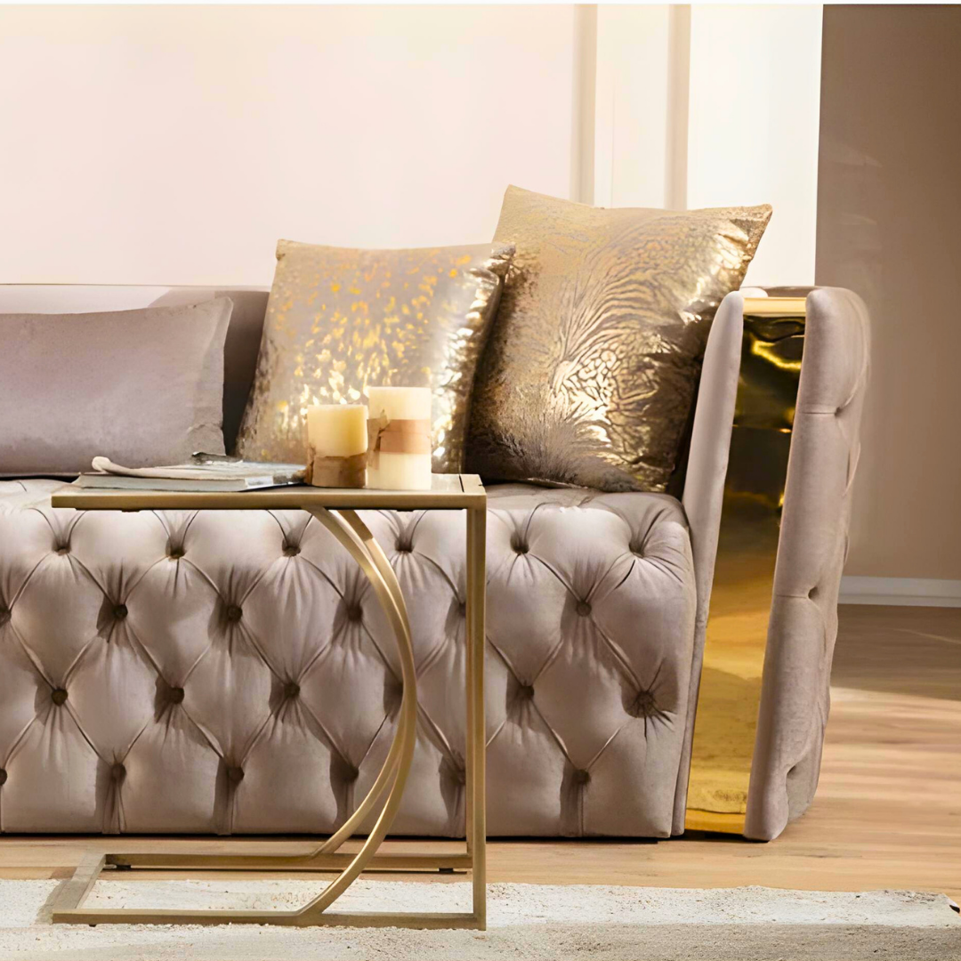 Lemos – Ensemble de canapés en velours – Taupe – Détails dorés