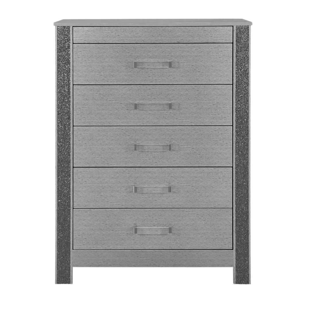 Celestia – Commode à 5 tiroirs avec rangement pour bijoux – Finition argentée