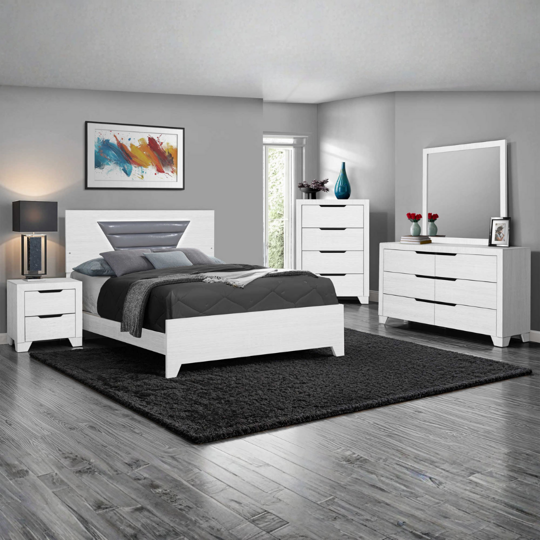 Ensemble chambre Lumera queen 6 pièces blanc PU avec tête de lit LED intégrée – Bonito Montréal