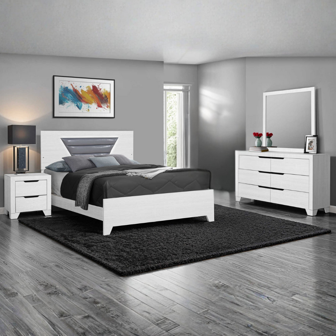 Ensemble chambre Lumera queen 6 pièces blanc PU avec tête de lit LED intégrée – Bonito Montréal