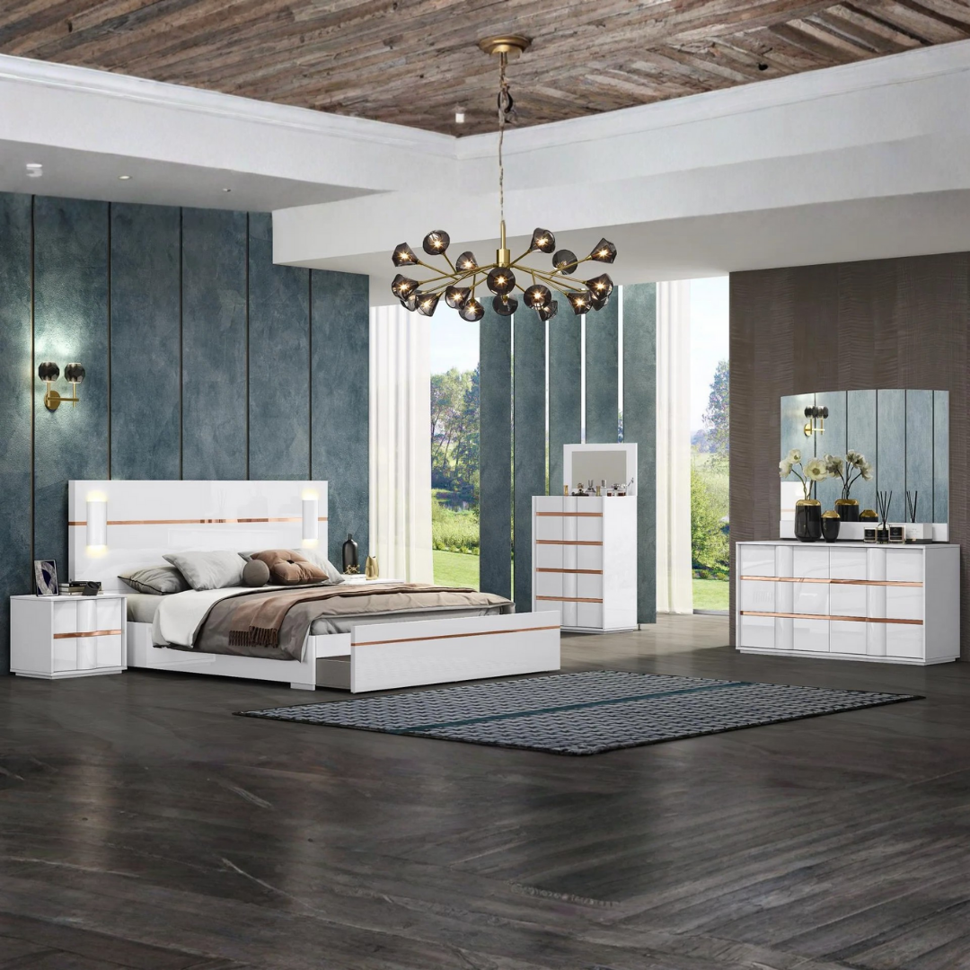 Ensemble chambre king Lumira blanc laqué et or avec LED et rangement footboard – Bonito Montréal