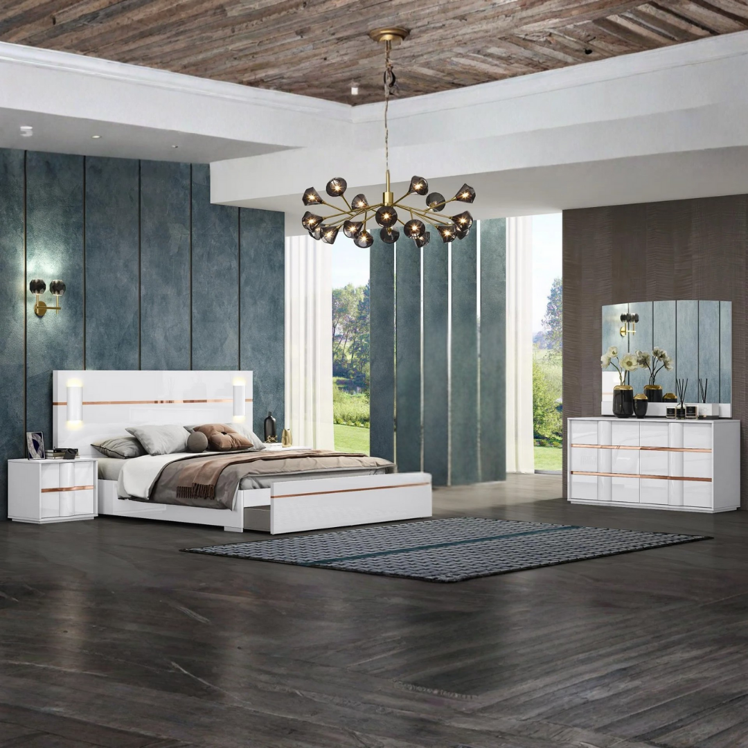 Ensemble chambre Lumira 6 pièces queen blanc laqué or avec tête de lit LED – Bonito Montréal