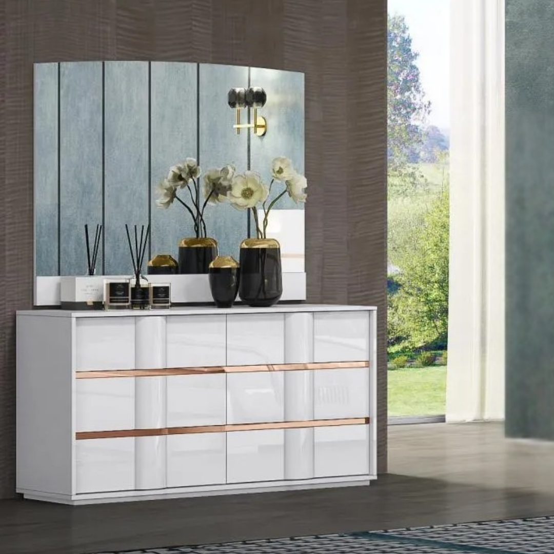 Lumira – Ensemble de chambre à coucher – Grand lit – Blanc/Or