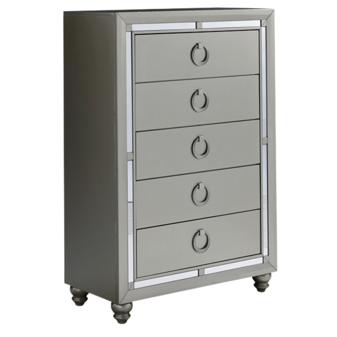 Commode Silvara à 5 tiroirs – Finition argentée