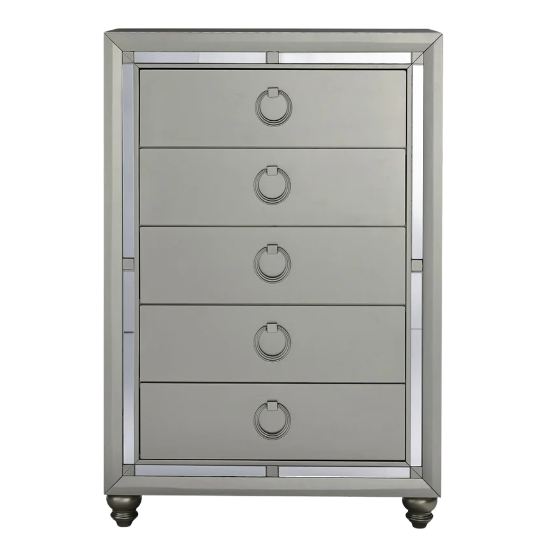 Commode Silvara à 5 tiroirs – Finition argentée