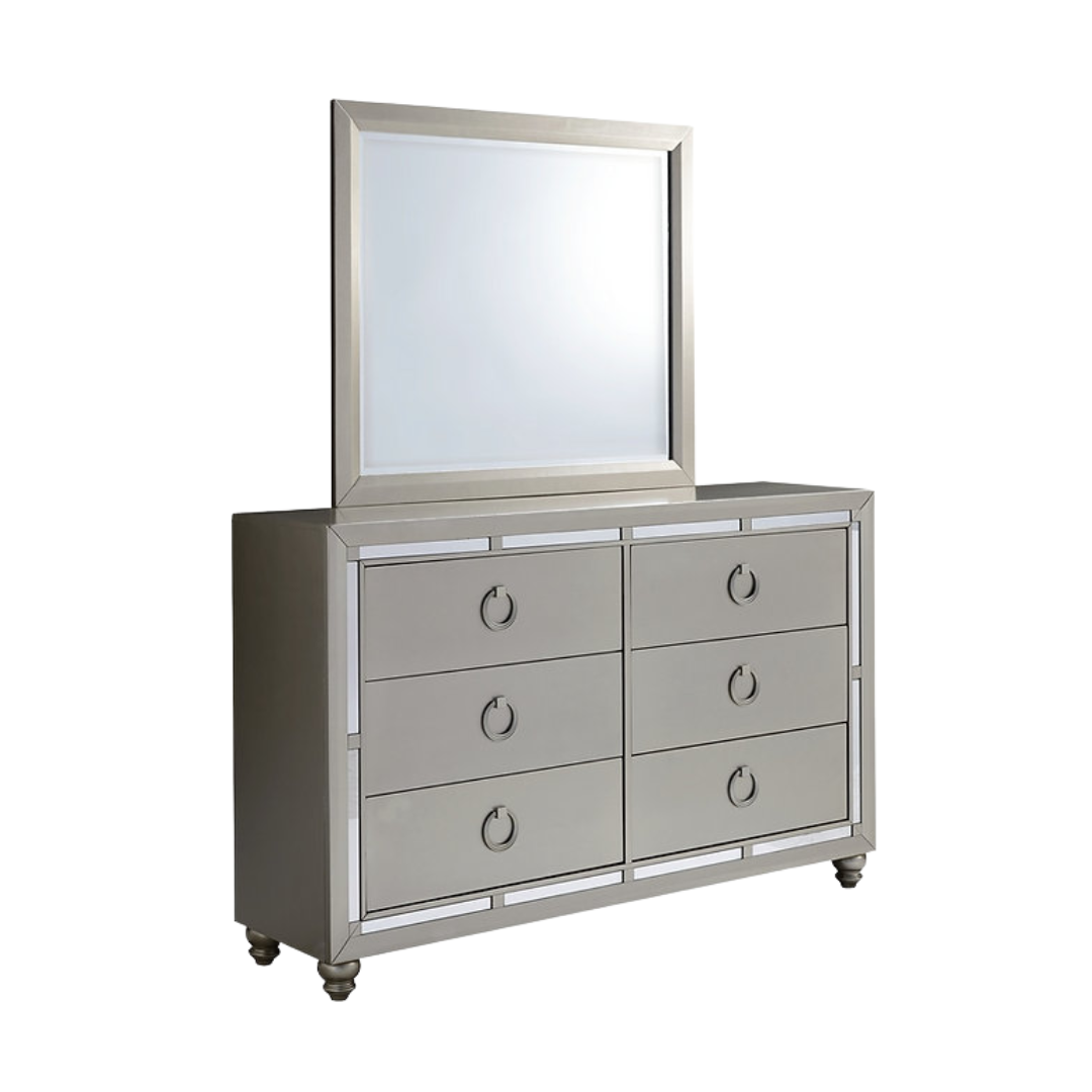 Commode Silvara à 6 tiroirs avec miroir – Finition argentée