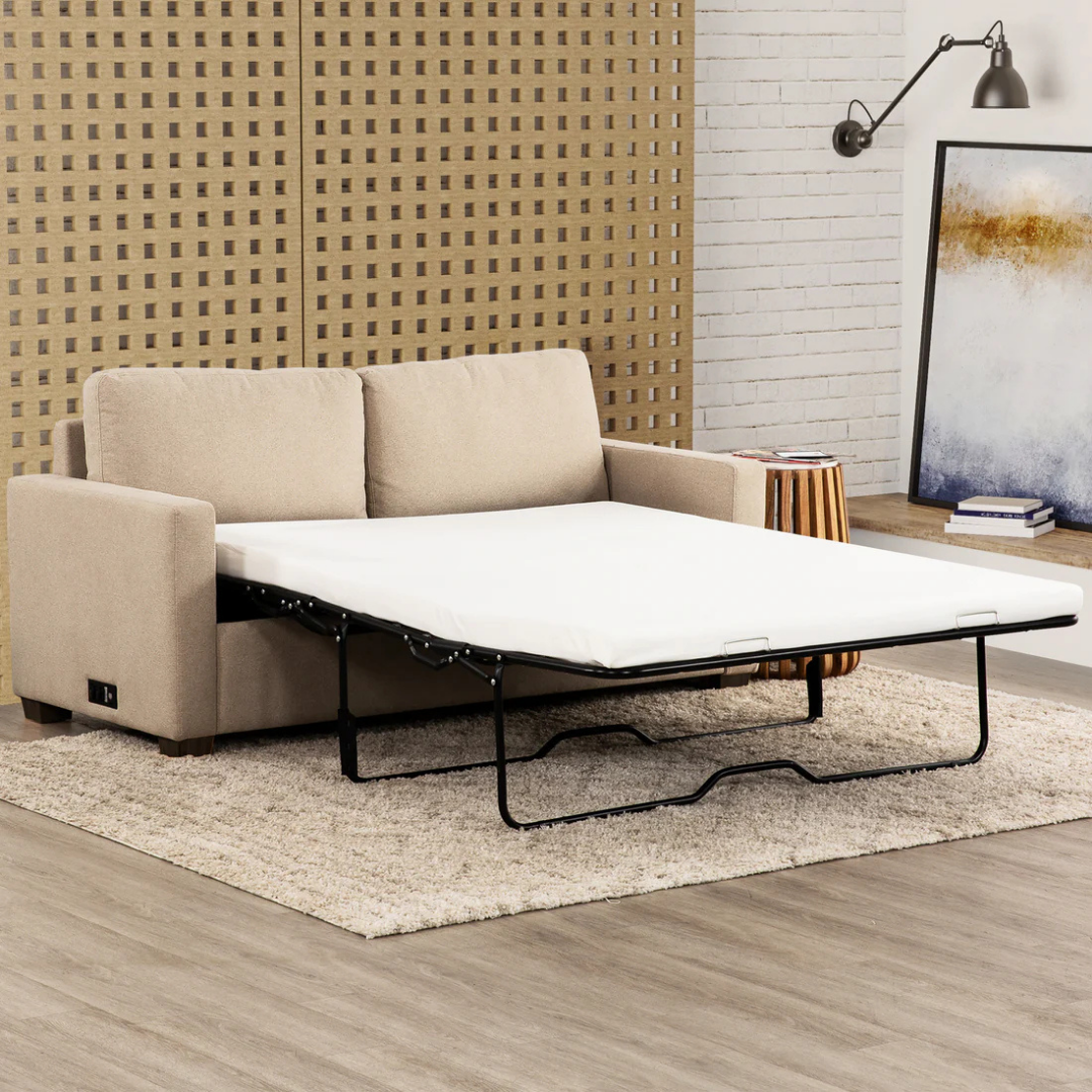 Lunaro – Canapé-lit convertible avec matelas à mémoire de forme et port USB – Beige lin