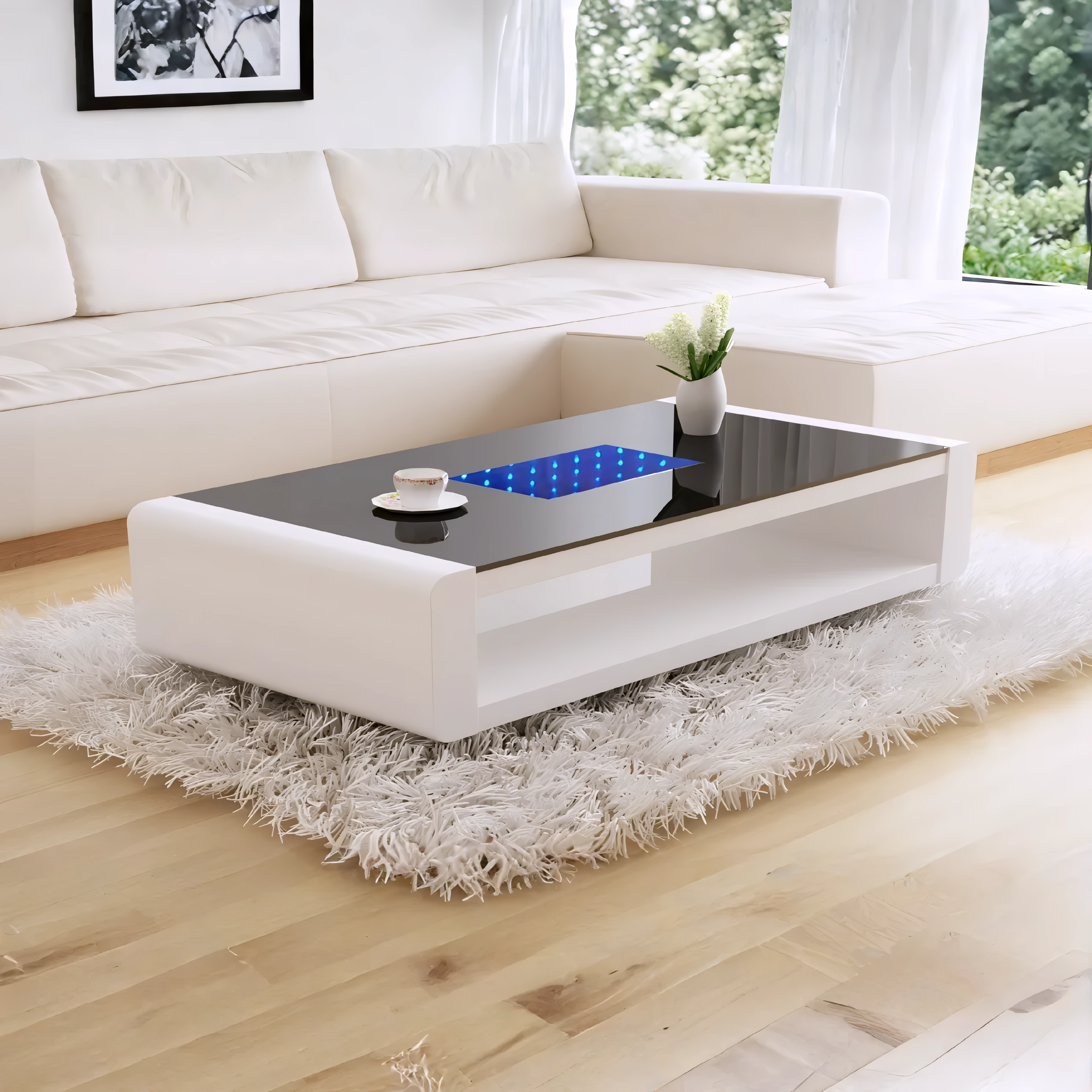 Lunavia – LED Lacquer Coffee Table – Black Glass Top