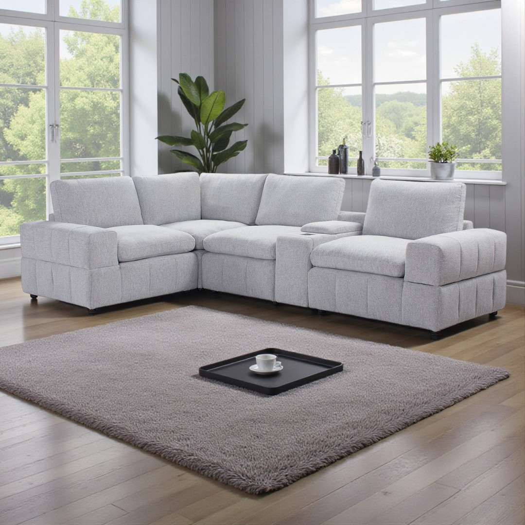 Momento – 5-Piece Modular Sectional with Console – Light Grey Fabric
