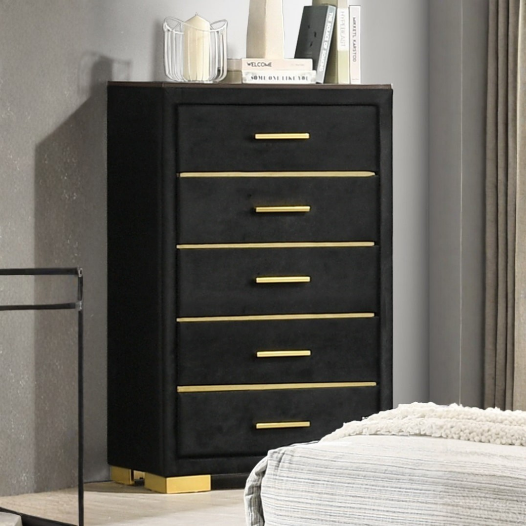 Velora – Commode à 5 tiroirs – Velours noir avec détails dorés