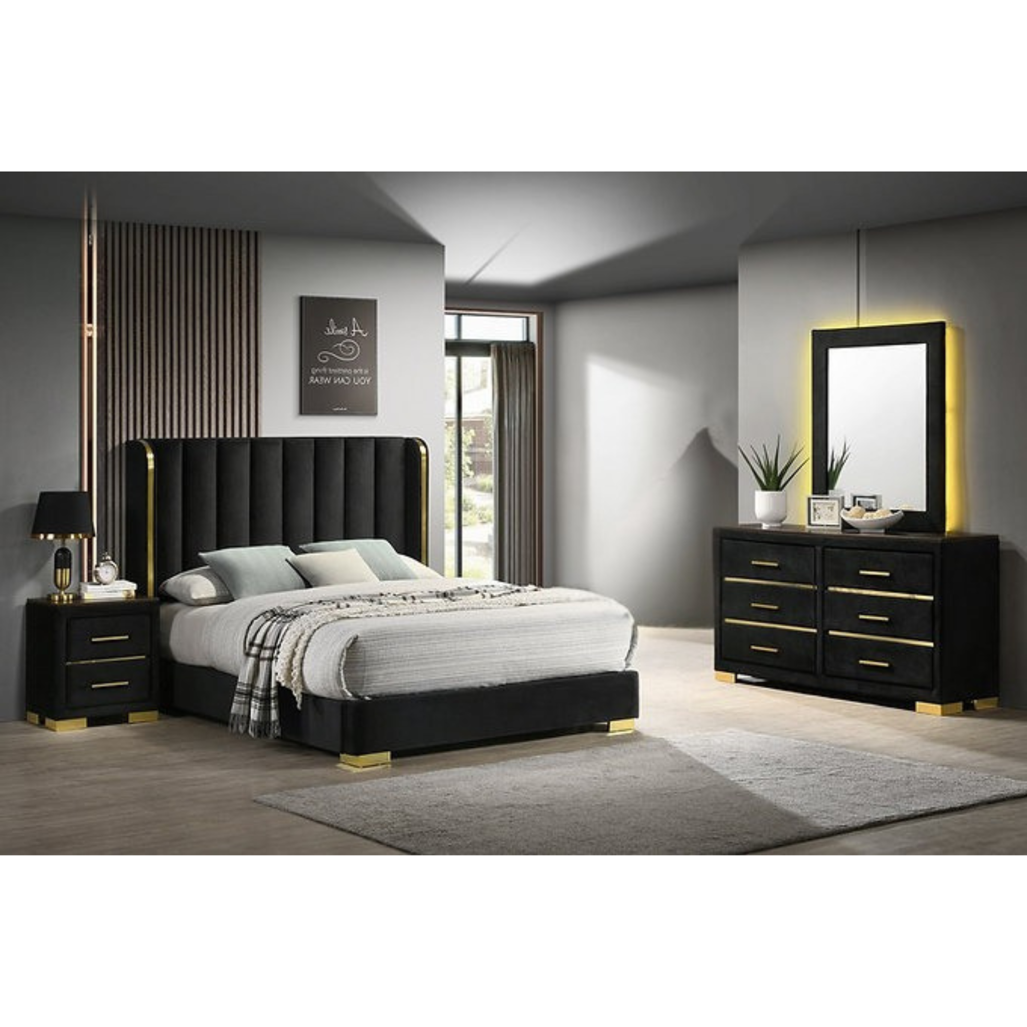 Queen Bedroom Set – Madison Black Velvet & Gold