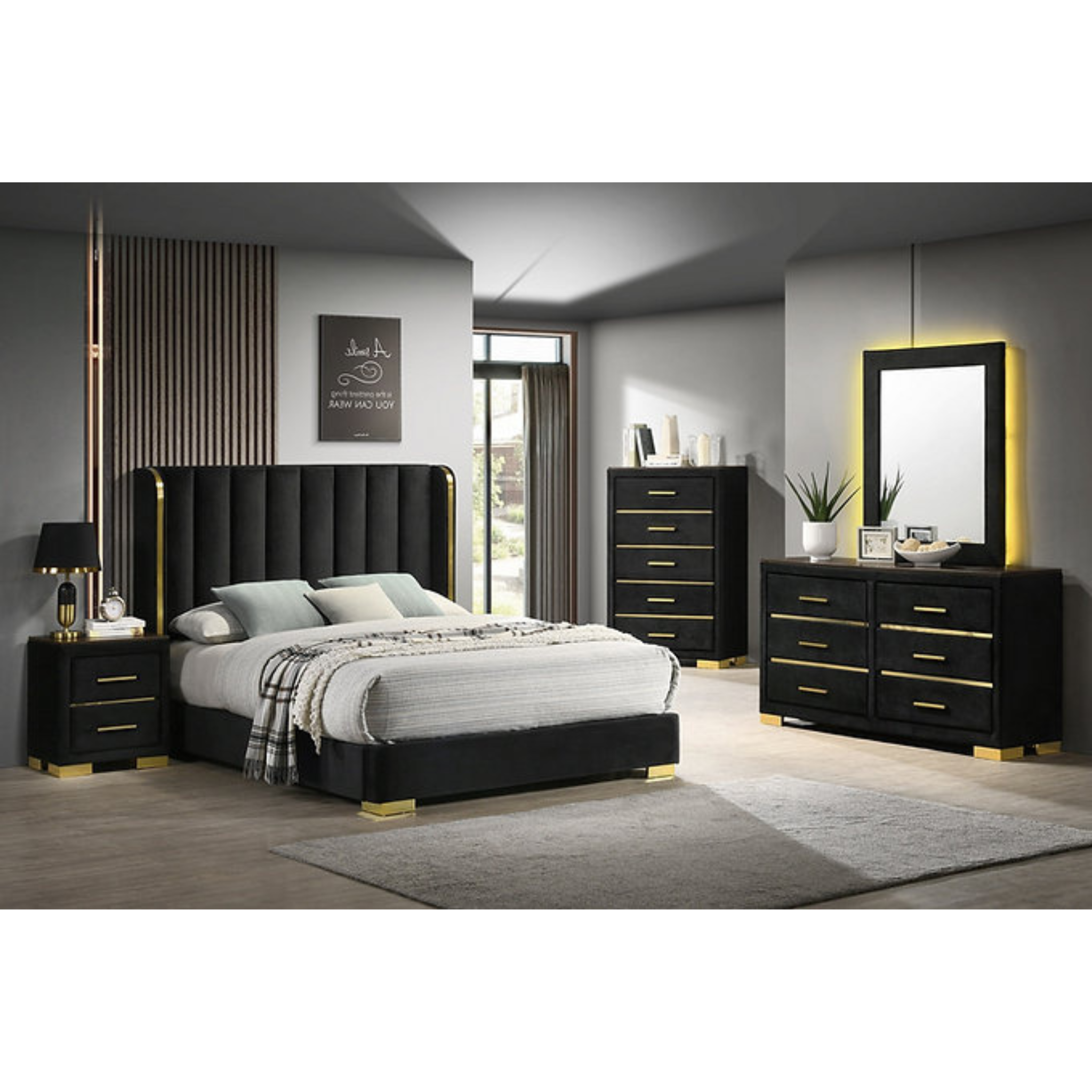 Queen Bedroom Set – Madison Black Velvet & Gold
