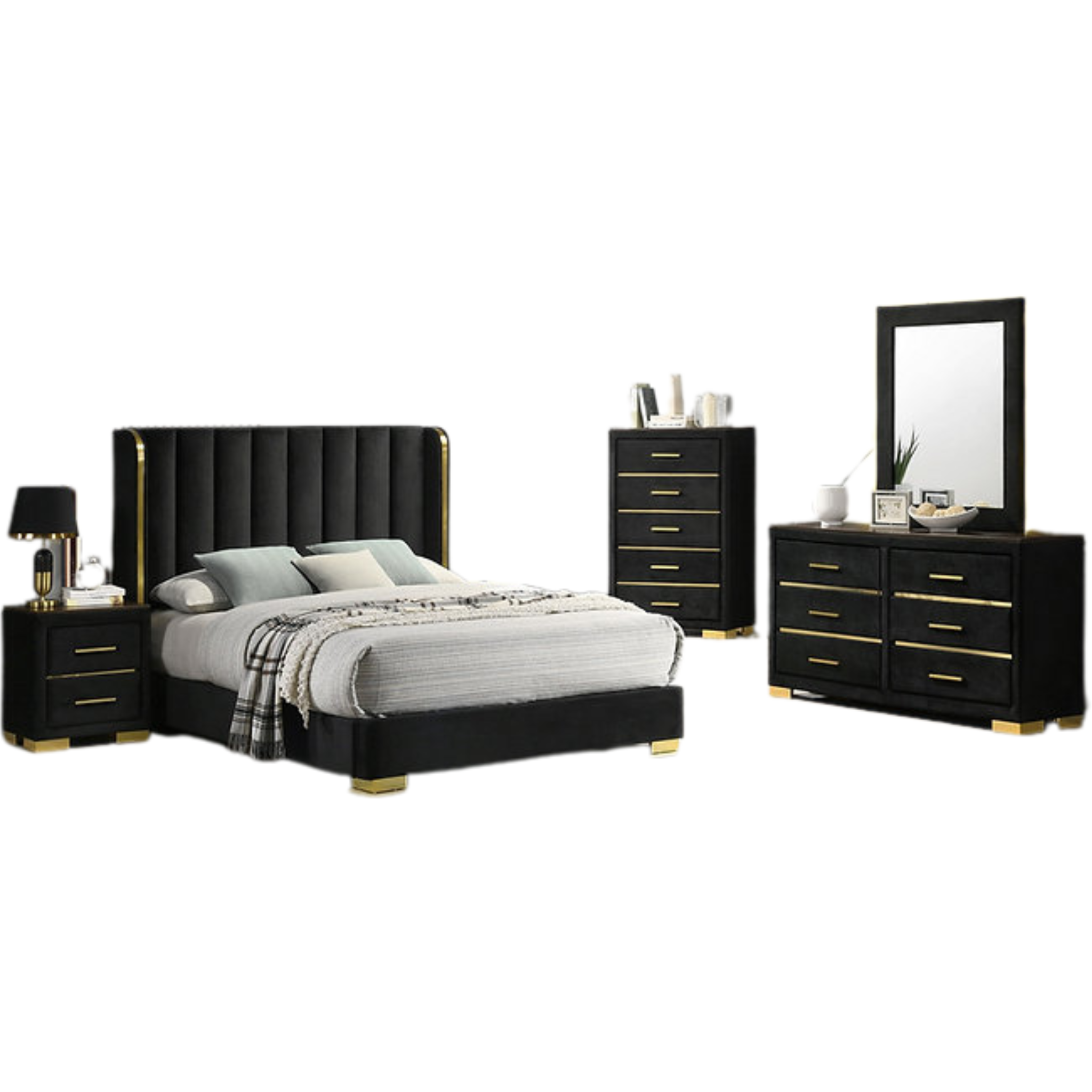 Queen Bedroom Set – Madison Black Velvet & Gold