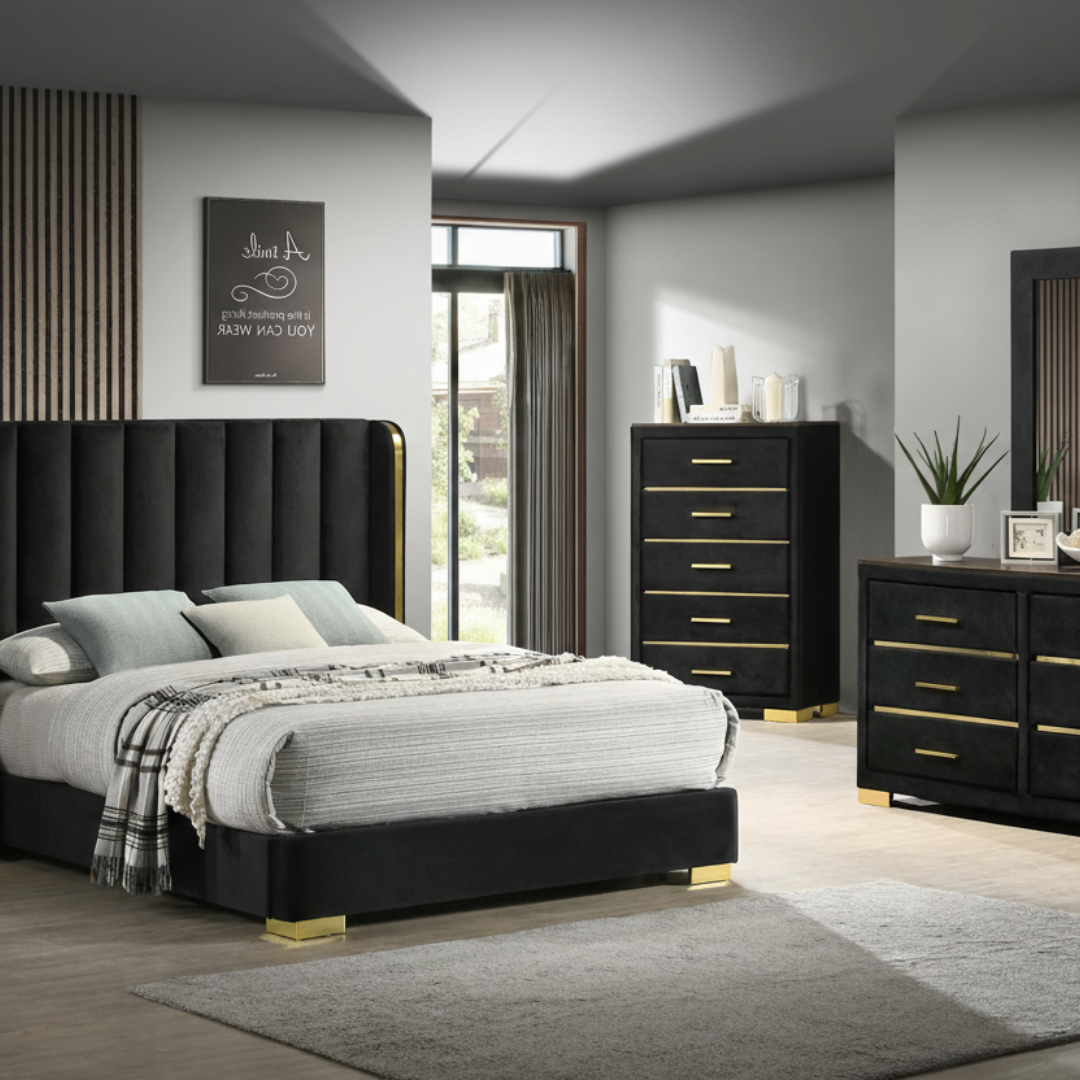 Velora – Commode à 5 tiroirs – Velours noir avec détails dorés