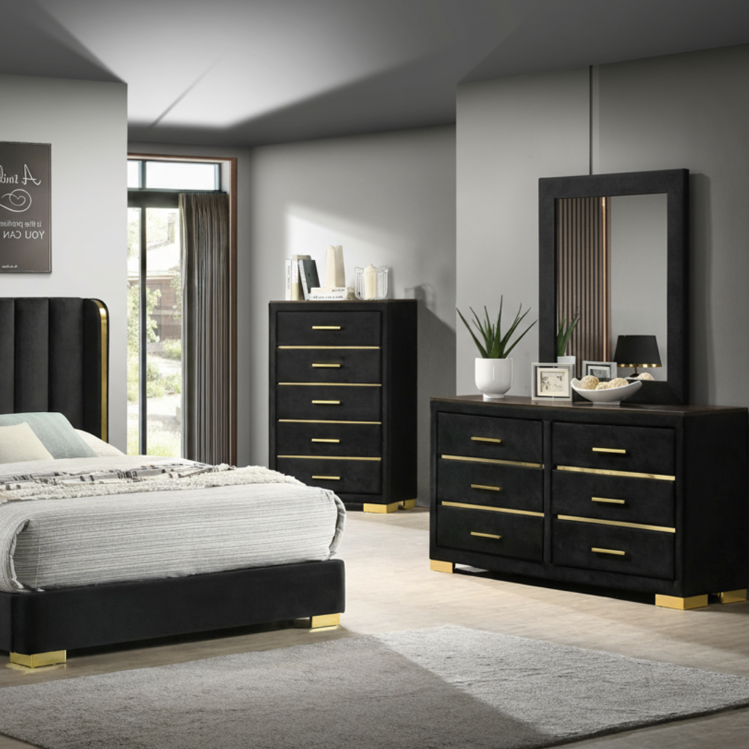 Commode Velora 6 tiroirs velours noir avec miroir et pattes dorées – style glamour – Bonito Montréal