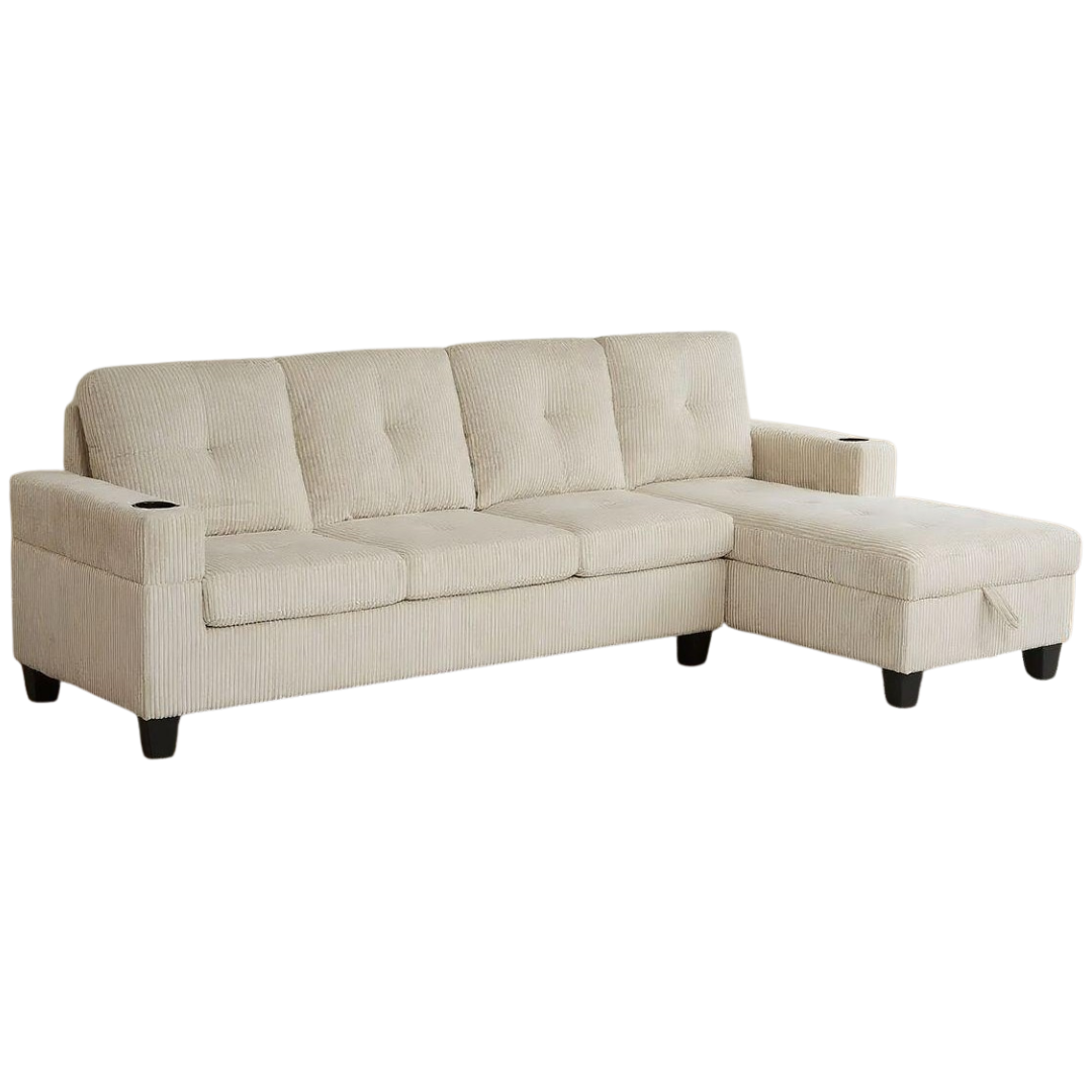 Mara – Canapé avec méridienne de rangement – Tissu velours côtelé beige