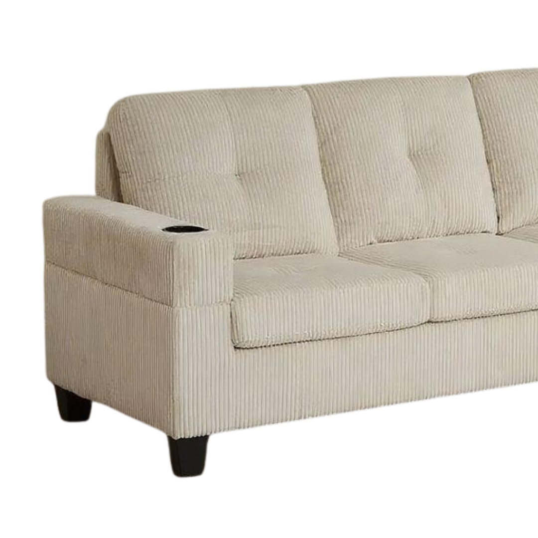 Mara – Canapé avec méridienne de rangement – Tissu velours côtelé beige