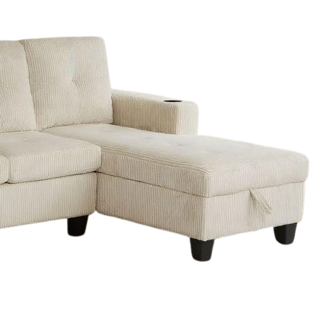 Mara – Canapé avec méridienne de rangement – Tissu velours côtelé beige