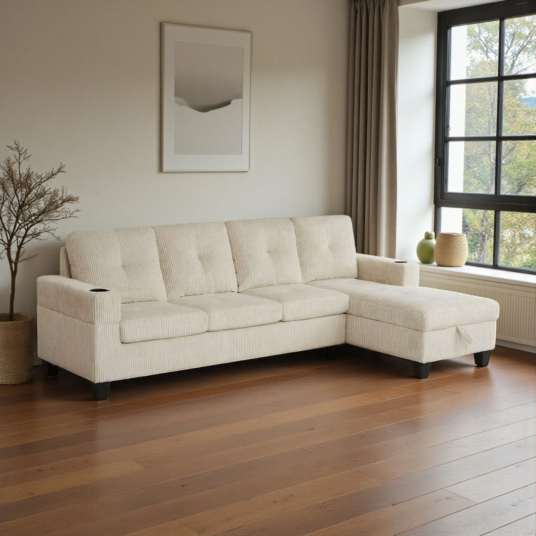 Mara – Sofa with Storage Chaise – Beige Corduroy Fabric